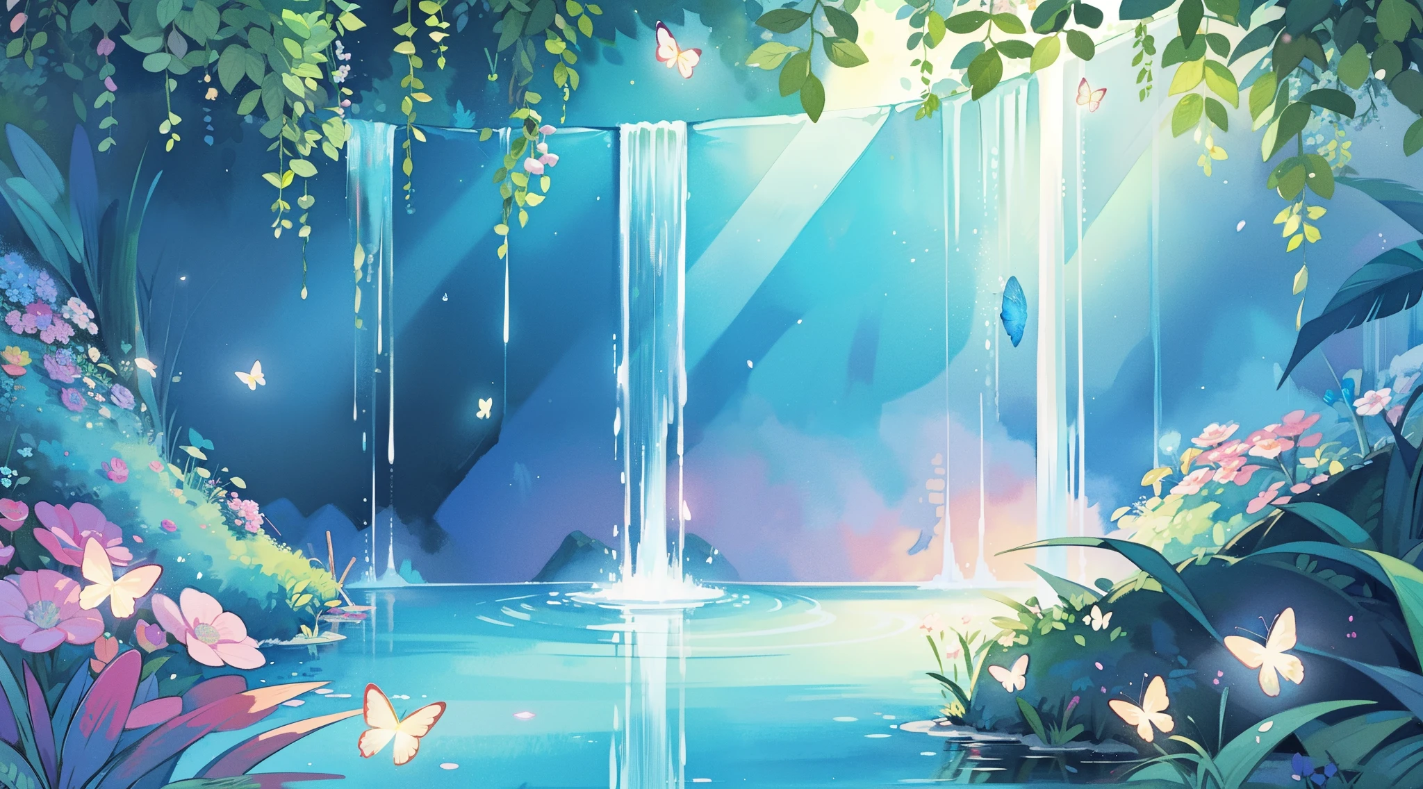 illustration, watercolor illustration, vibrant pastel colors, dreamy, colorful, whimsical, magical, masterpiece, best quality, sharp focus, intricately detailed environment, fine detail, 8k resolution, waterfall lagoon, (magical lagoon), (waterfall, lake), (glowing lights, fireflies, glowing butterflies