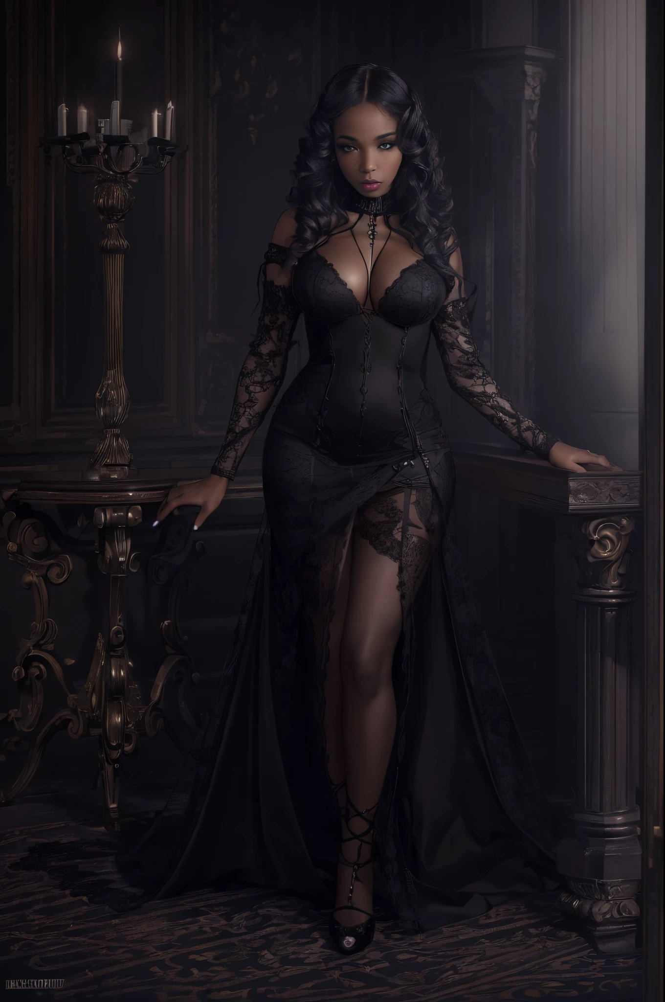 (best quality, 4k, 8k, highres, masterpiece:1.2), ultra-detailed, (realistic,photorealistic,photo-realistic:1.37), gorgeous light skin black woman, vampire, seductive gaze, elegant posture, gothic background, sensual beauty, gothic fashion, black gothic mini gown, pantyhose, dark colors, moody lighting, full body pose