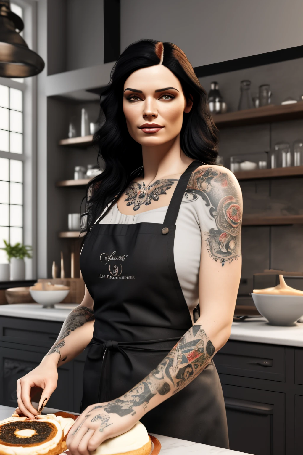 a woman with tattoo, (([red|black] hair)), long hair, wearing a black apron,  cooking, look at viewer, kitchen, cake and pie on background,  indoors, (soothing tones:1.0), (hdr:1.25), (artstation:1.2), dramatic, (intricate details:1.14), (hyperrealistic 3d render:1.16), (filmic:0.55), (rutkowski:1.1), (faded:1.3)