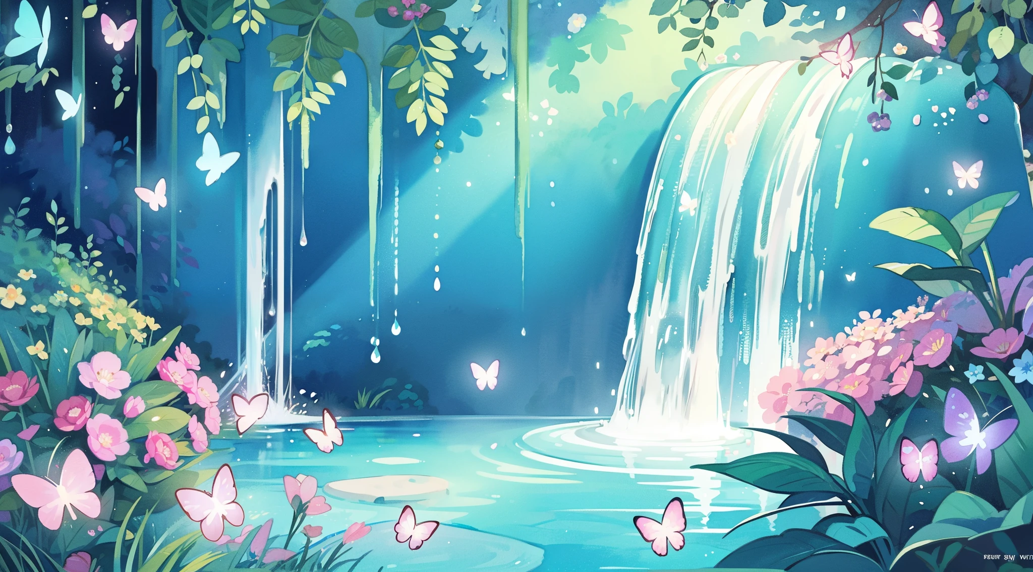 illustration, watercolor illustration, vibrant pastel colors, dreamy, colorful, whimsical, magical, masterpiece, best quality, sharp focus, intricately detailed environment, fine detail, 8k resolution, waterfall lagoon, (magical lagoon), (waterfall, lake), (glowing lights, fireflies, glowing butterflies