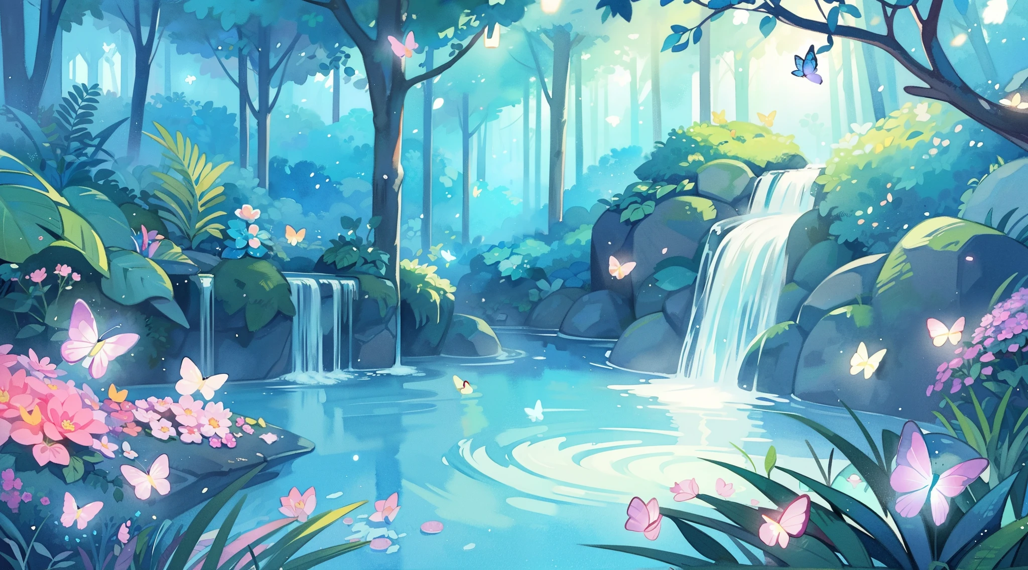 illustration, watercolor illustration, vibrant pastel colors, dreamy, colorful, whimsical, magical, masterpiece, best quality, sharp focus, intricately detailed environment, fine detail, 8k resolution, waterfall lagoon, (magical lagoon), (waterfall, lake), (glowing lights, fireflies, glowing butterflies