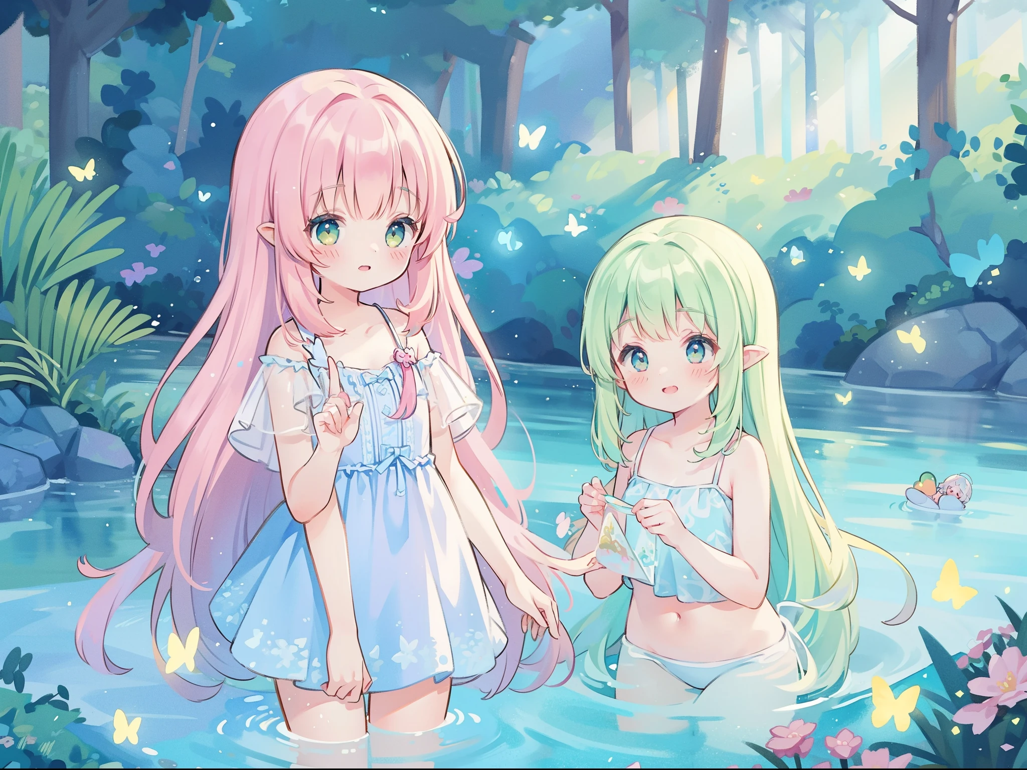 watercolor illustration, vibrant pastel colors, dreamy, colorful, whimsical, magical, masterpiece, best quality, sharp focus, intricately detailed environment, fine detail, 8k resolution, waterfall lagoon, water nymph girls, (magical lagoon), (waterfall, lake), (beautiful female spirits swimming in water), beautiful princess, glowing lights, fireflies, glowing butterflies, 2girls, 3girls