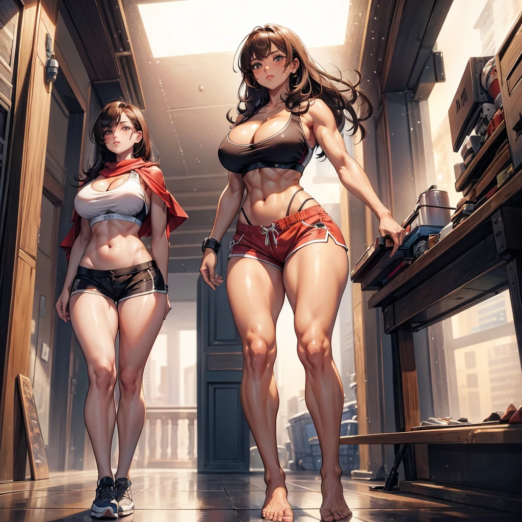 Powerful,Plump,bodybuilding,Cocked buttocks,Resilient,Smooth and rosy,Stretch shorts,Full body picture,Tight sports bra,cleavage,Firm and strong,suntanning,Sunburn,Tall,short detailed hair,a pair of big brown eyes,looks very smart,Beautiful women,Long hair with a shawl,There is sweat on the body after exercise,There is a beauty mole,The chest is prominent,Inverted nipples