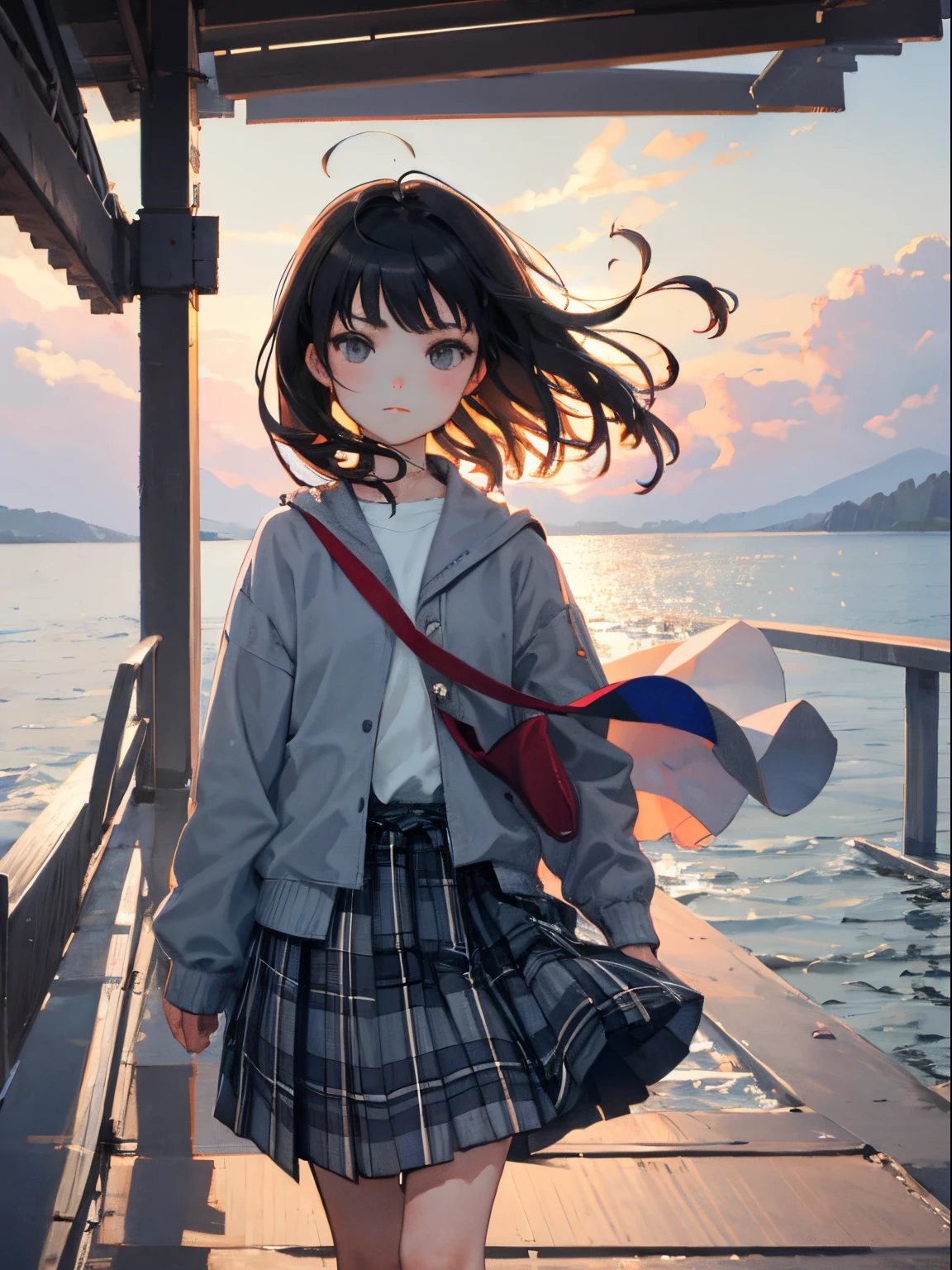 (child:1.2),(masterpiece,Highest Quality),Grey plaid skirt,A dark-haired,The wind is blowing