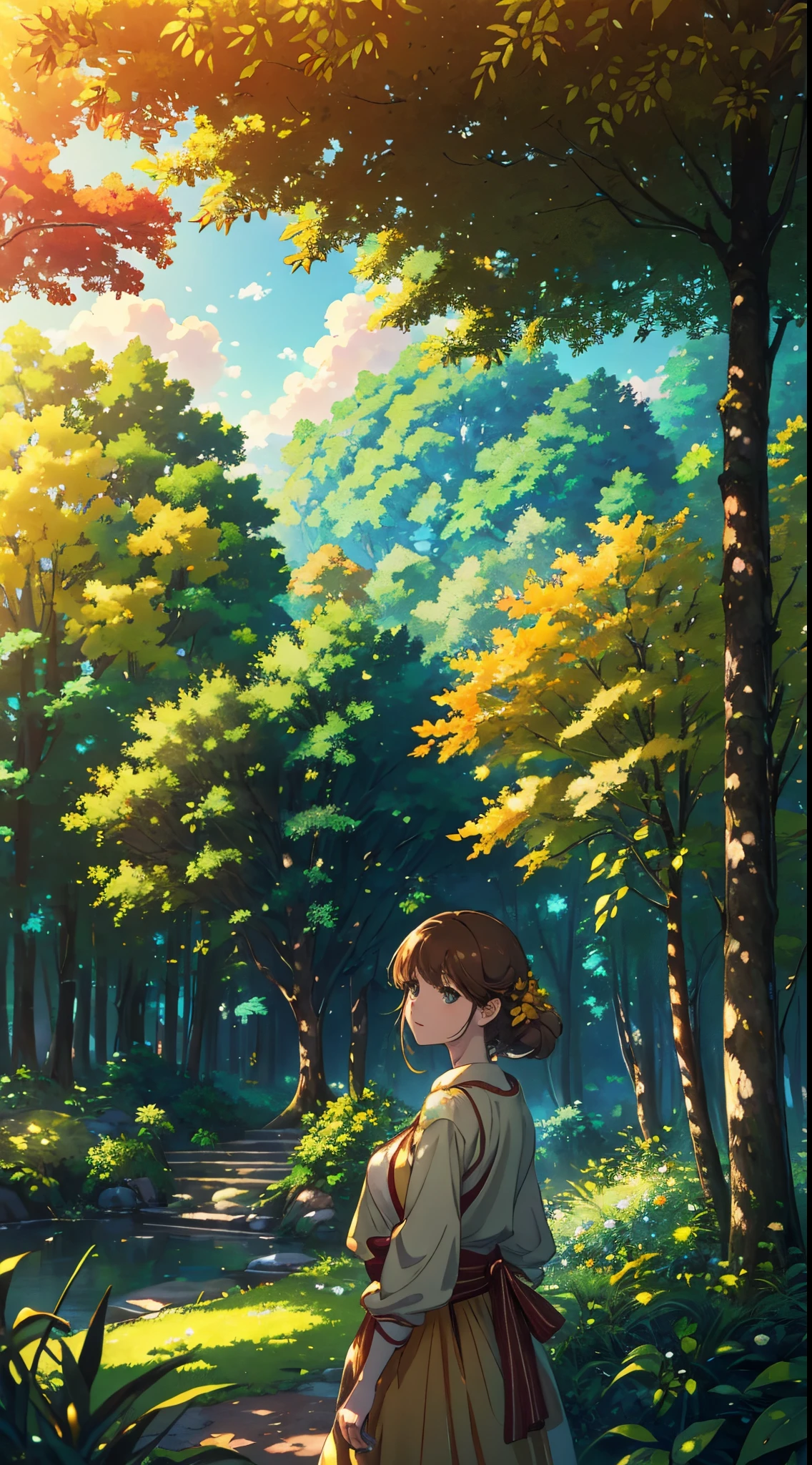(best quality,4k,8k,highres,masterpiece:1.2),ultra-detailed,realistic,photorealistic:1.37,anime girl,beautiful detailed eyes,beautiful detailed lips,long eyelashes,natural beauty,peaceful expression,forest landscape,greenery everywhere,lush trees and plants,golden sunlight filtering through the leaves,serene atmosphere,vibrant colors,red,orange,brown,yellow,and lime green colors,soft sunlight creating warm tones,subtle shadows adding depth and dimension,gentle breeze rustling the leaves,tranquil ambiance,immersive 3D rendering,high-definition textures,detailed foliage and flowers,gorgeous sky with puffy clouds and a hint of blue,picturesque scenery in an anime art style.