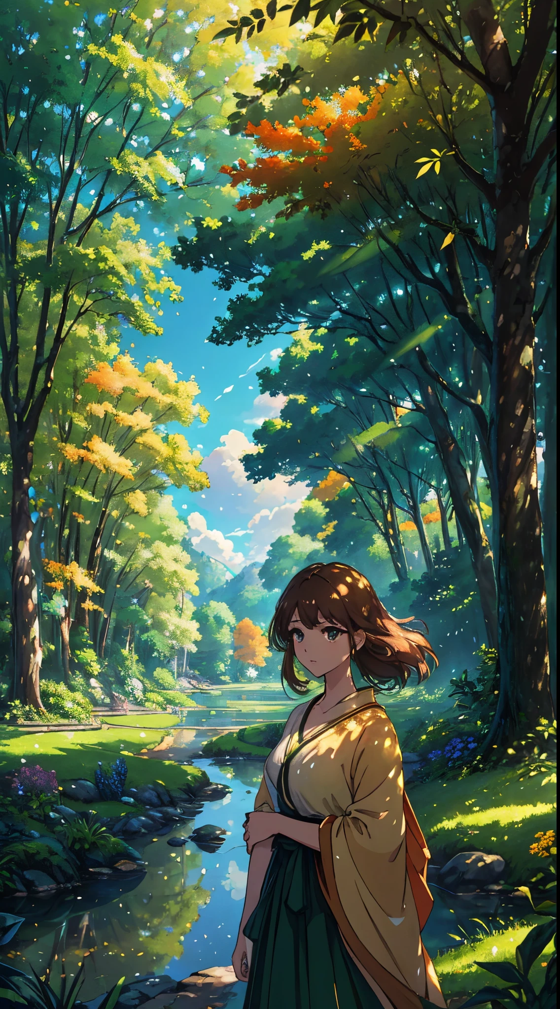 (best quality,4k,8k,highres,masterpiece:1.2),ultra-detailed,realistic,photorealistic:1.37,anime girl,beautiful detailed eyes,beautiful detailed lips,long eyelashes,natural beauty,peaceful expression,forest landscape,greenery everywhere,lush trees and plants,golden sunlight filtering through the leaves,serene atmosphere,vibrant colors,red,orange,brown,yellow,and lime green colors,soft sunlight creating warm tones,subtle shadows adding depth and dimension,gentle breeze rustling the leaves,tranquil ambiance,immersive 3D rendering,high-definition textures,detailed foliage and flowers,gorgeous sky with puffy clouds and a hint of blue,picturesque scenery in an anime art style.