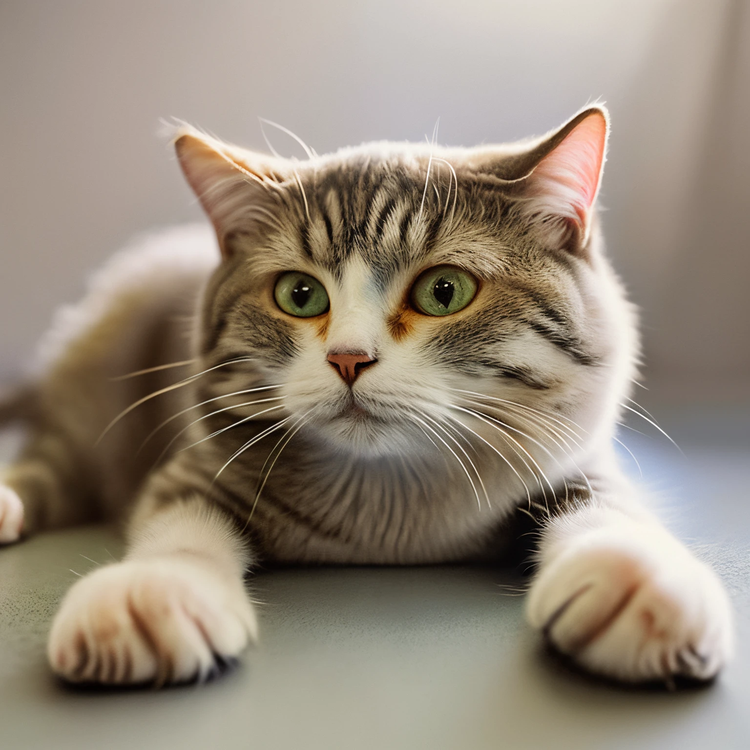 (Best Quality,4K,8K,hight resolution,masutepiece:1.2),Ultra-detailed,(Realistic,Photorealistic,Photorealsitic:1.37),Cute cat trembled a little,Soft fur texture,Delicate foot pads,Expressive eyes,Cute twitchy beard,Vulnerability hints,Gently wag its tail,playful pose,Art cat illustration,subtle color palette,Natural lighting