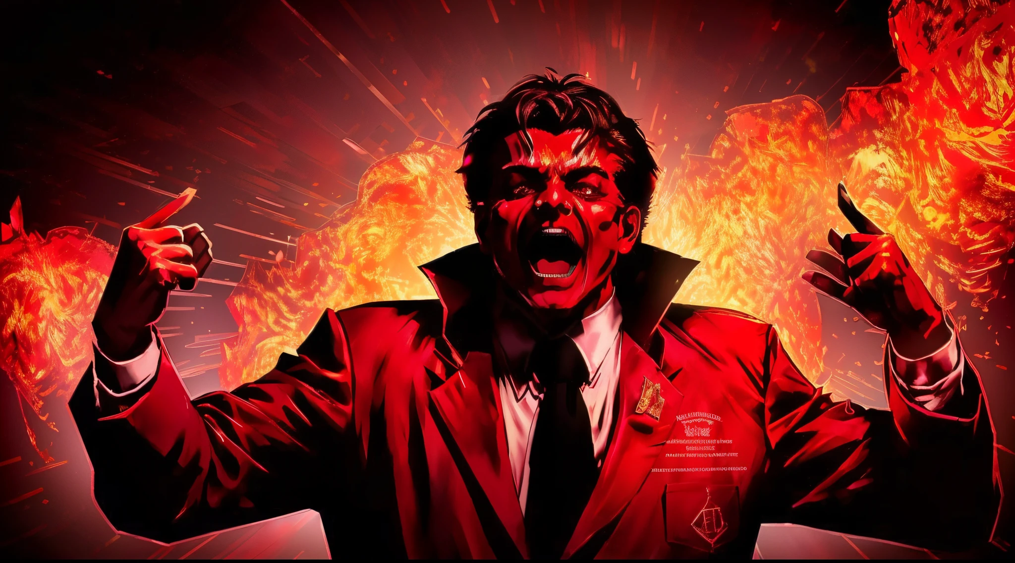 arafed image of a man with demon face in a suit and tie with his hands up, he is screaming to hell, javier milei face, demom man screaming, mad man screaming demon, meme template, inspired by hell , the demon man is screaming and sad, render, yawning, marvano, unbiased render, hell background video still