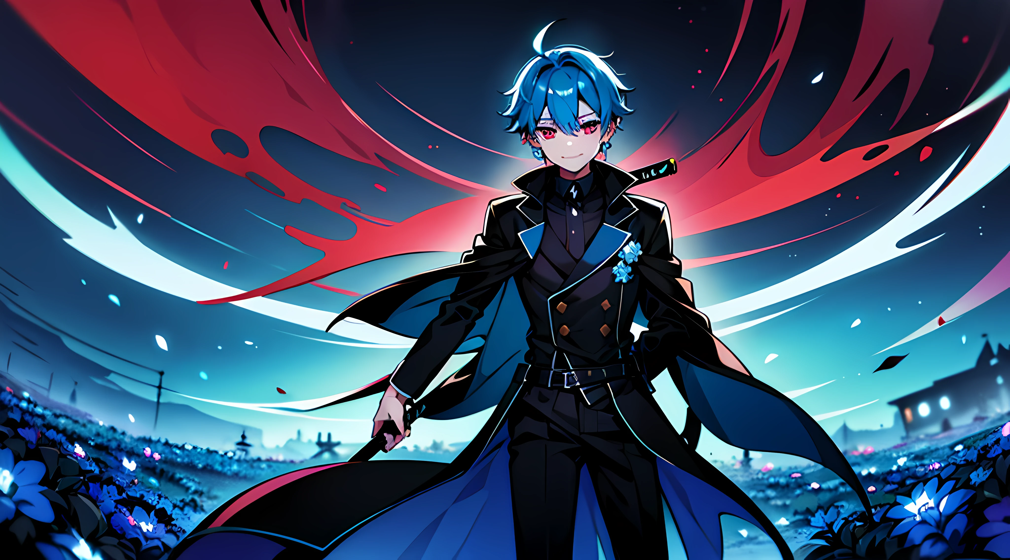 1 boy, cyan hair, long black coat, night flower field, dice earring, smiling, holding a white katana, glowing red moon,