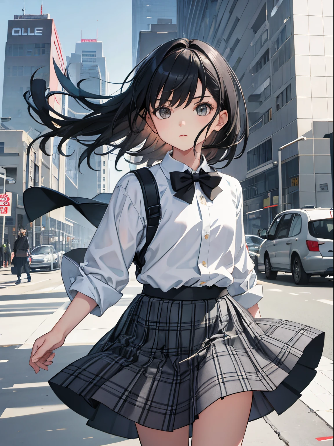(:1.2),(masterpiece,Highest Quality),Grey plaid skirt,A dark-haired,The wind is blowing