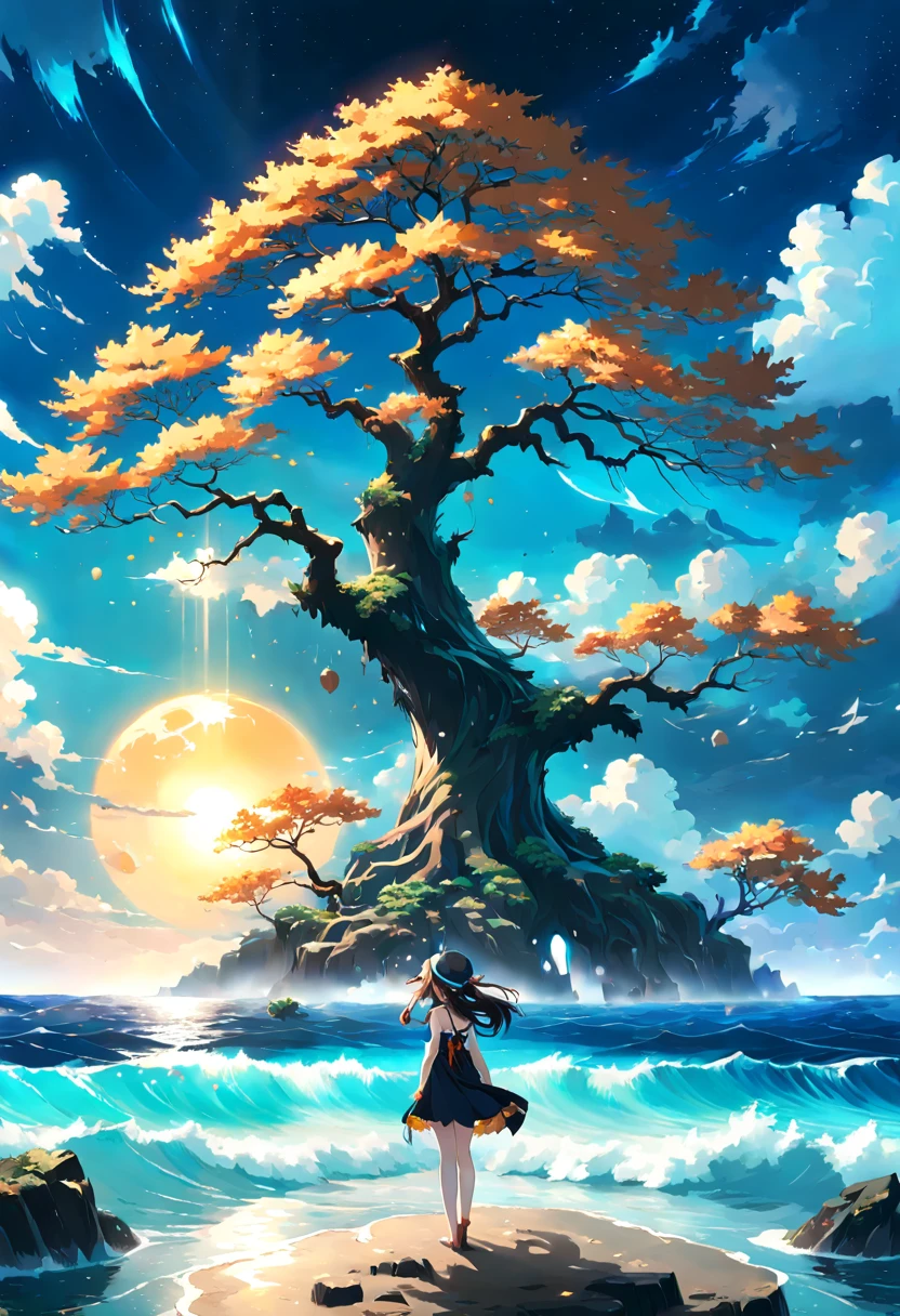 the girl is standing in front of a tree in the middle of the ocean, with a sky background,in the style of kawacy, nightcore, ethereal anime, anime key visual concept art of, in the style of fang lijun, majismo, in the style of psychological phenomena illustrations, colorful landscapes, gongbi, ethereal trees, light bronze and dark blue, joyful celebration of nature, 32k uhd, in the style of nightcore, fragmented memories, mote kei, angura kei, gigantic scale, sky blue and amber, gongbi
