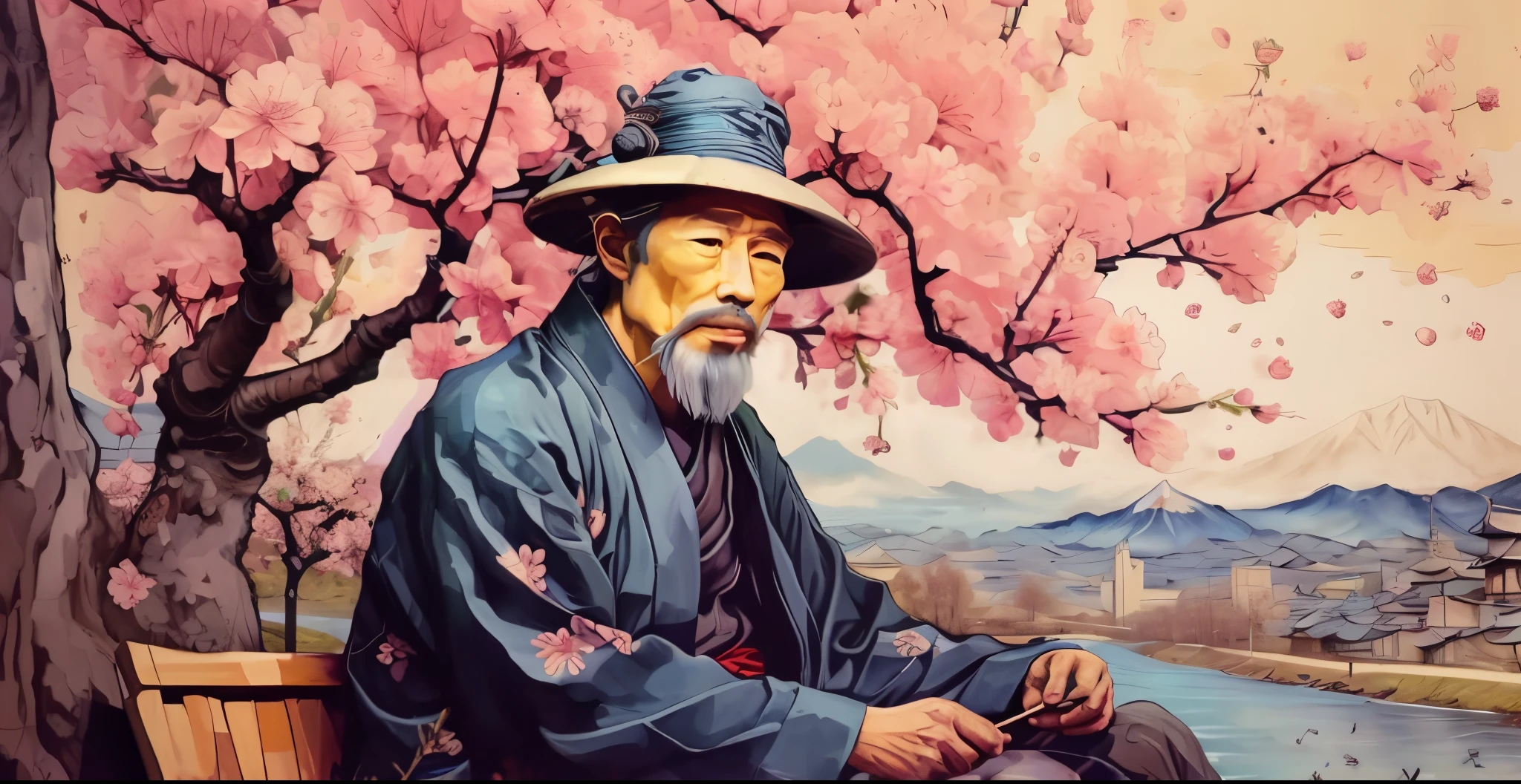 pintura de um homem sentado em um banco em frente a uma cerejeira, velho chines, sabio chines