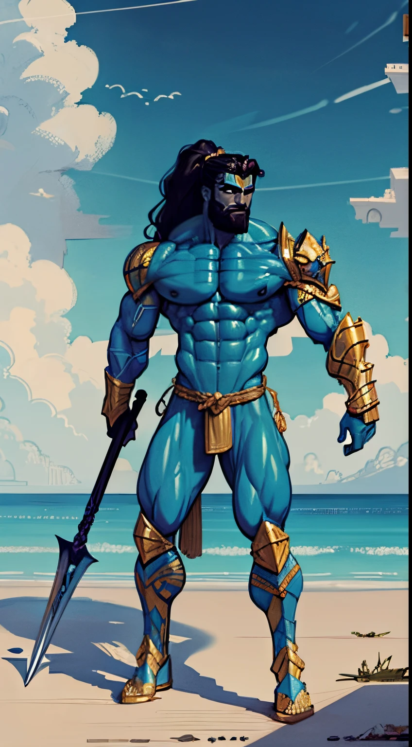 a painting of a muscular man with a spear and a large body of water, The God Poseidon, The God of the Sea, shoulder armor, gold shin guards, The God Hades, Poseidon, Charon, The Boatman of Hades, God of the Ocean, God of the Underworld, Hades, God Shiva the Destroyer, Furious God Zeus, Like an Atlantean, veiny biceps, chiseled abs, muscular legs, rugged face, long hair in ponytail, masterpiece, 8k