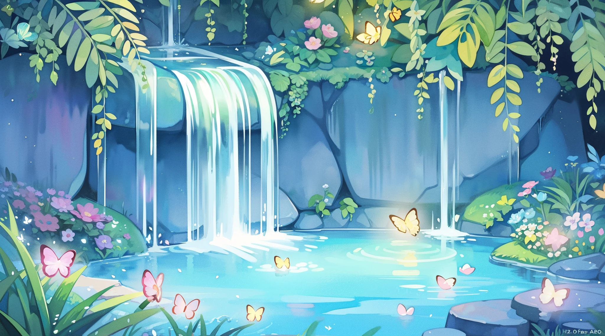 illustration, watercolor illustration, vibrant pastel colors, dreamy, colorful, whimsical, (((magical))), masterpiece, best quality, sharp focus, intricately detailed environment, fine detail, 8k resolution, waterfall lagoon, (magical lagoon), (waterfall, lake), (glowing lights, fireflies, glowing butterflies