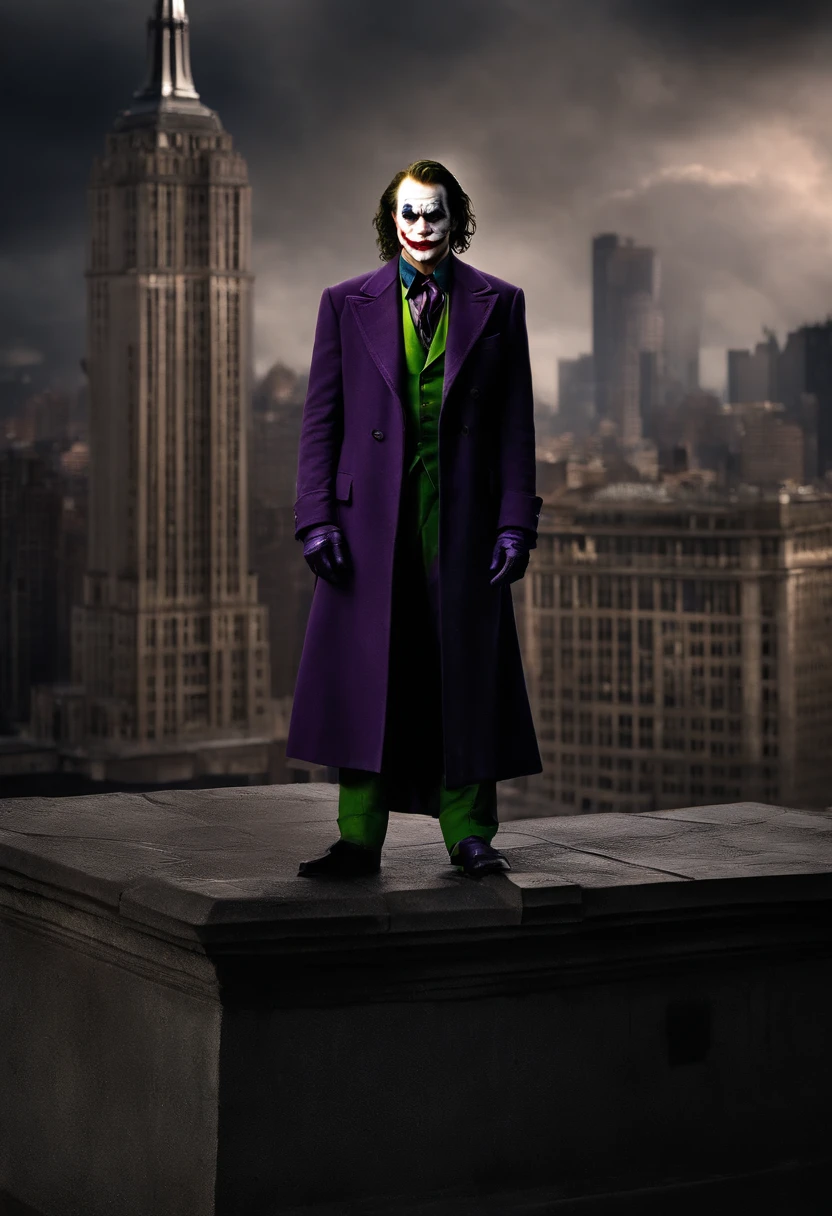 A photo of the Joker standing on top of a Gotham City museum, holding a rare and priceless artifact with a sinister smirk on his face,The Dark Knight,Heath Ledger’s portrayal of the Joker in “The Dark Knight” is marked by his disheveled, greasy hair, smudged clown makeup, and a chilling, scarred smile that gives him a menacing and unpredictable appearance. His attire, a mismatched suit with a ragged purple coat, adds to his chaotic and anarchistic persona.