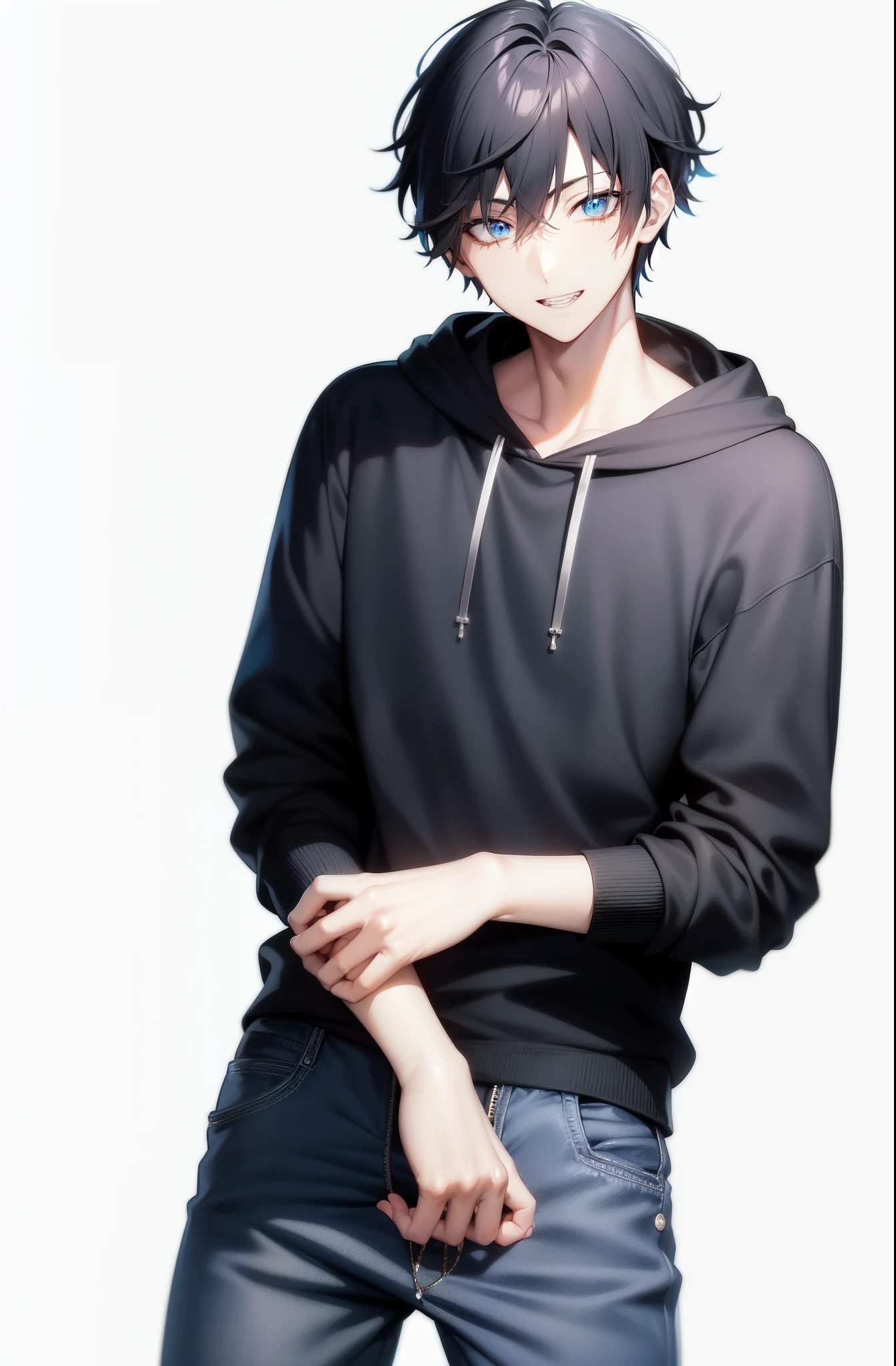 anime guy in black hoodie and jeans posing for a picture, tall anime guy with blue eyes, handsome anime pose, inspired by Okumura Masanobu, inspired by Okumura Togyu, kentaro miura manga art style, kentaro miura art style, anime handsome man, !!full body portrait!!, kentaro miura art, smiling happy