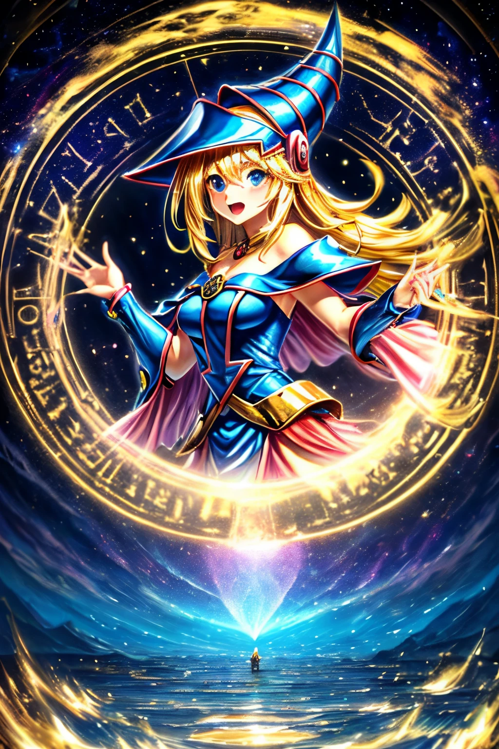 Una chica maga oscura flotando tiernamente, magical aura, fantasy background, Runa brillante, (( una tarjeta Yu-Gi-Oh debajo de ella)), dando una vibra de que fue convocada,epic composition, (Detalles complejos), (complex design, Ultra-detalles :1.2), Art Station, (Obra maestra, La mejor calidad), Ultra HD, 32K ,Renderizado de octanaje, bioluminiscente,8k resolution concept art, realismo,por Mappa studios,Obra maestra,La mejor calidad,Arte Oficial,illustration,clear line,(fresco_Color),perfect composition,absurdos, fantasy,( debajo de ella hay una tarjeta de Yu-Gi-Oh), Diagrama