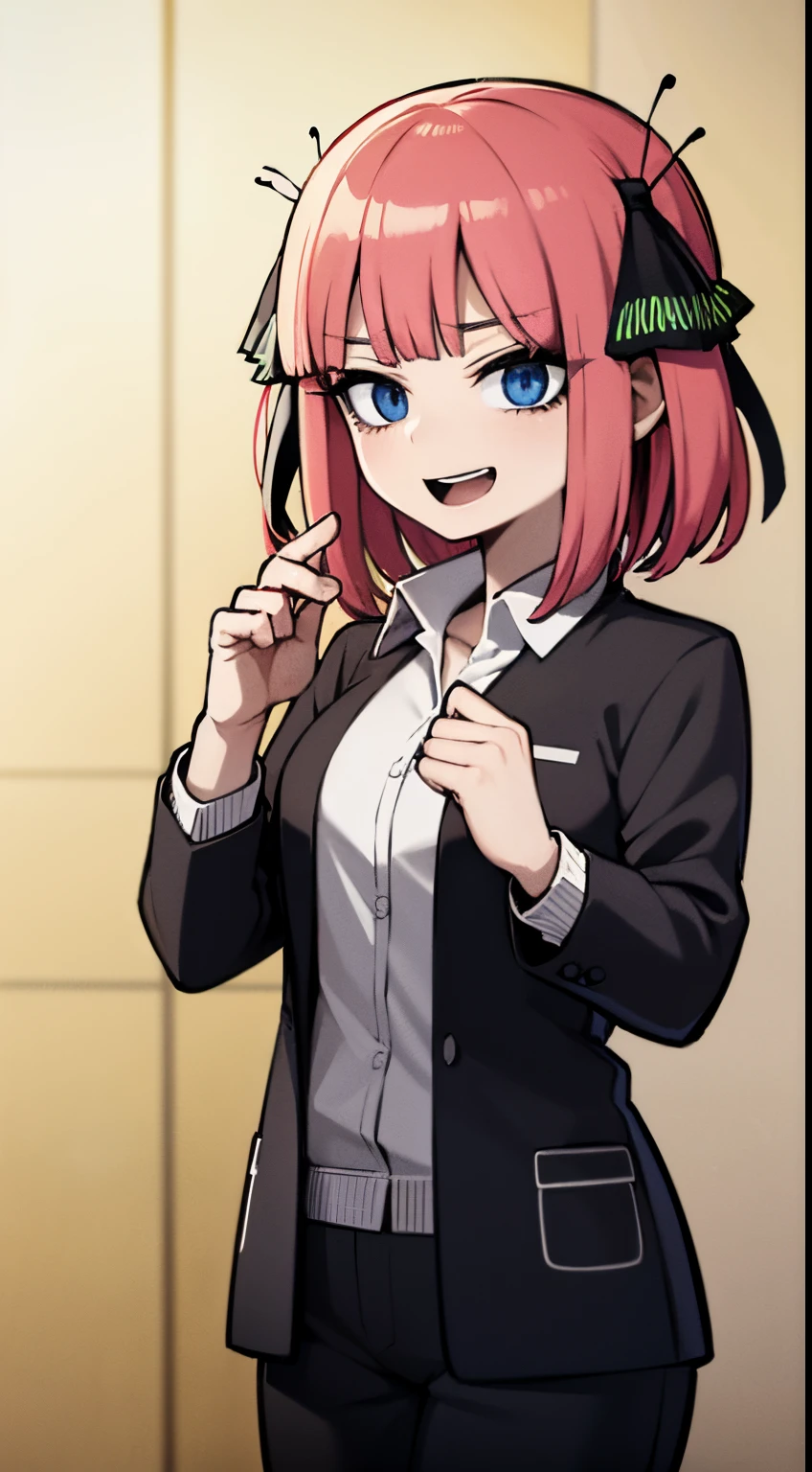 nakano nino, pink hair, butterfly hair ornament, black cardigan, uniforme escolar, happy expression, Melhor Anime 4K Konachan Wallpaper, estilo anime 4K, arte oficial, arte anime de alta qualidade, Anime Wallpaper 4k ((obra-prima)), sala, cidade,
