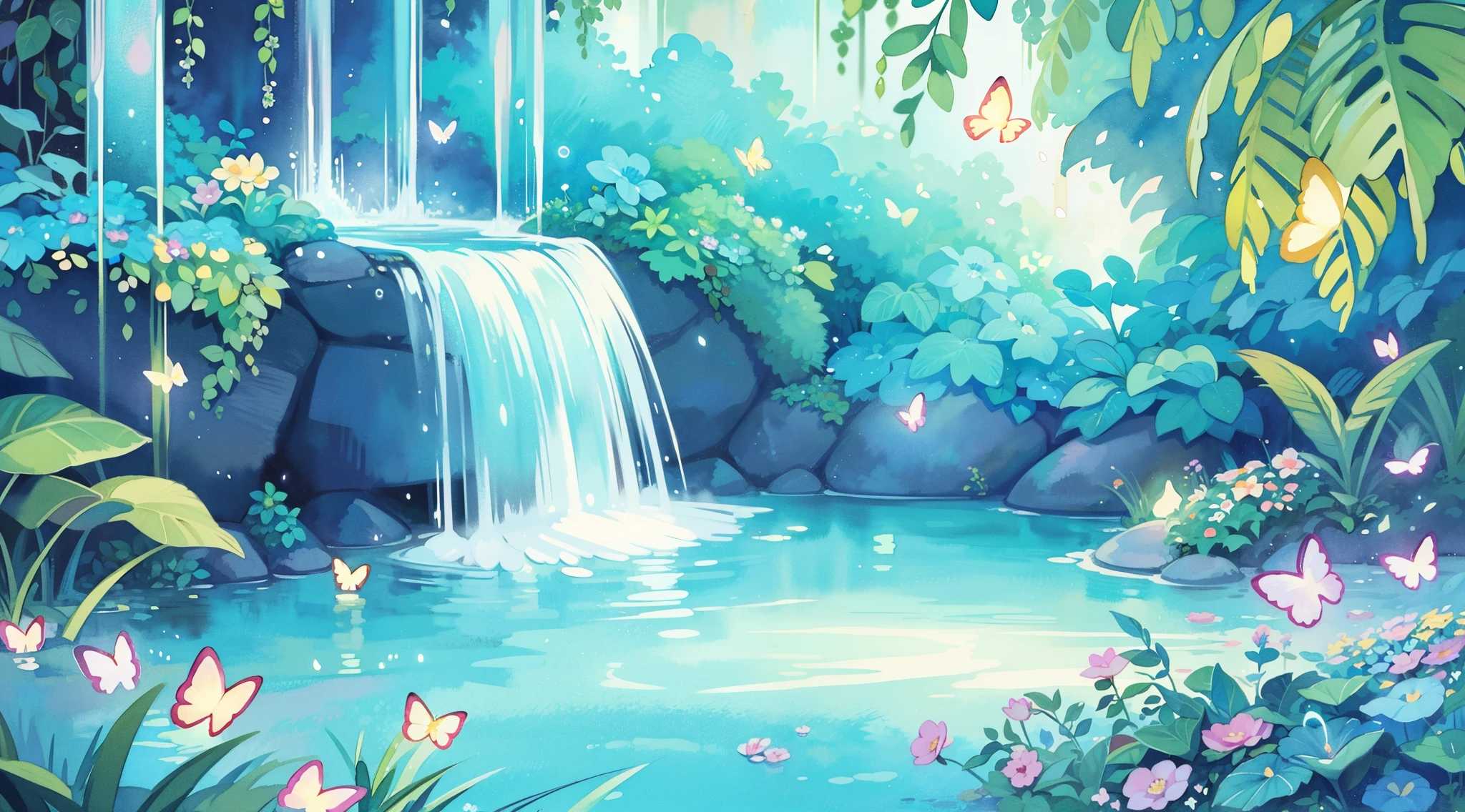 illustration, watercolor illustration, vibrant pastel colors, dreamy, colorful, whimsical, (((magical))), masterpiece, best quality, sharp focus, intricately detailed environment, fine detail, 8k resolution, waterfall lagoon, (magical lagoon), (waterfall, lake), (glowing lights, fireflies, glowing butterflies