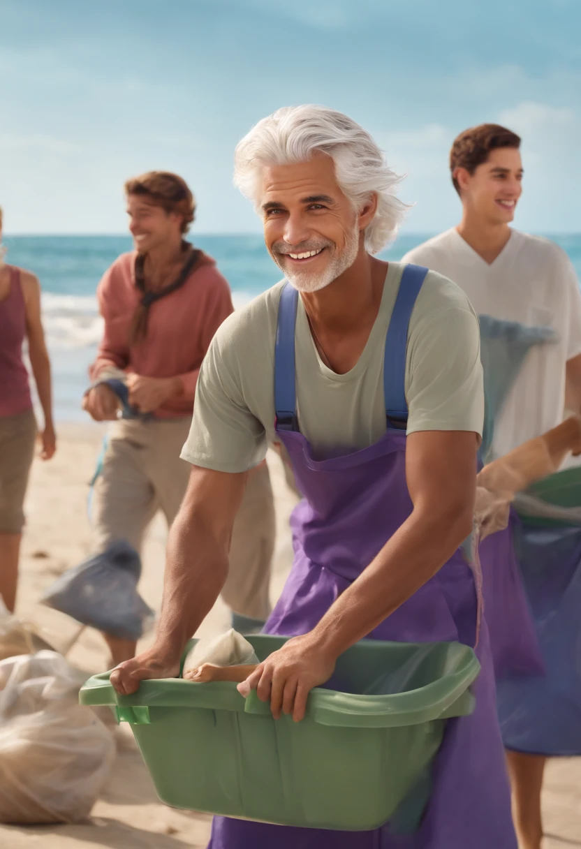 A photo of the character leading a group in a beach clean-up with a team of volunteers.,original,silver haired man with purple eyes, kind face, sweet smile, sharp features, late s