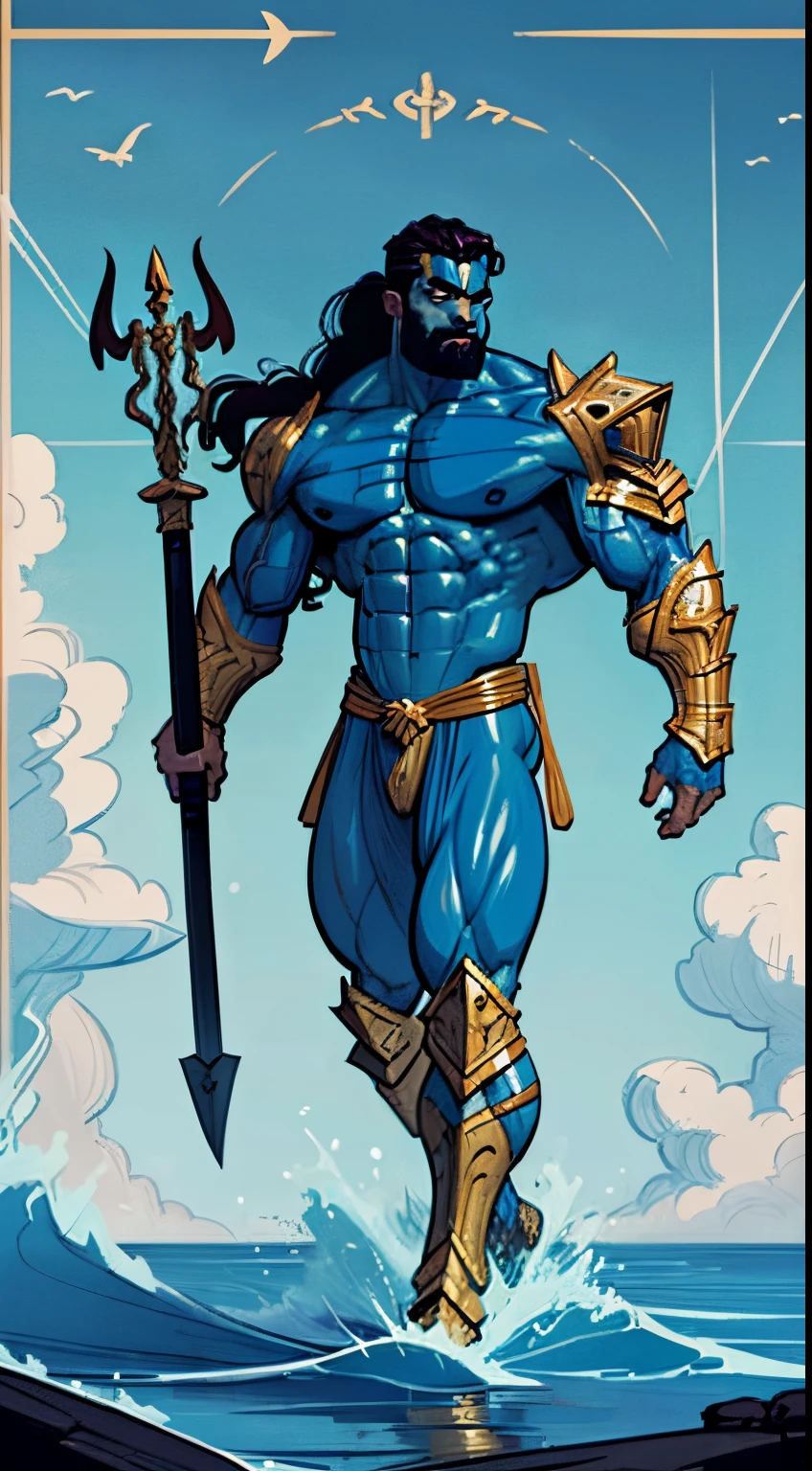 a painting of a muscular man with a spear and a large body of water, The God Poseidon, The God of the Sea, shoulder armor, gold shin guards, The God Hades, Poseidon, Charon, The Boatman of Hades, God of the Ocean, God of the Underworld, Hades, God Shiva the Destroyer, Furious God Zeus, Like an Atlantean, veiny biceps, chiseled abs, muscular legs, rugged face, long hair in ponytail, masterpiece, 8k