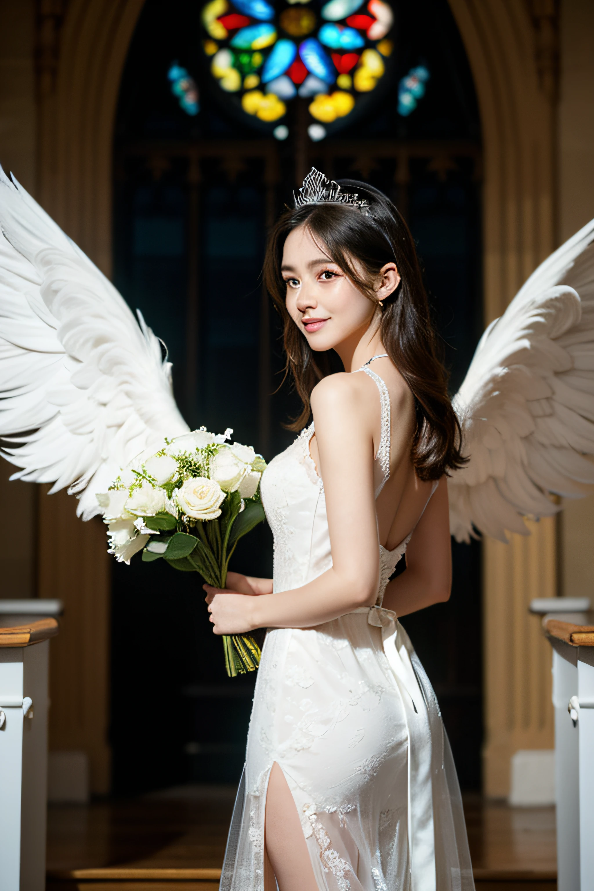 In front of the stained glass in the church、bride offering prayers、Whole body、8K、realphoto、超A high resolution, Master Parts, Best Quality, nffsw , cinematic images,Lovely girl、ann、16years old、Anglo-Saxon、Green eyes、二重まぶた、very droopy eyes、(very, Very big eyes:1.8)、Dark eye shadow、The lips are very thin、The tip of the nose stretches beautifully............、the tip of the nose is small,,,,, ighly detailed , Gold Hair、Straight hair、Very smile、 Sweet look 、a very beautiful woman、legs are long、 Very clear shadows , jewely , A detailed eye, very intricate, shiny skins , Perfect Brilliant, Perfect Lighting, Dramatic shadows ,White tiara on head、Greek see-through white dress、The back of the dress is wide open、Small angel wings on the back of the shoulders、The chest and waist of the dress are white lace、Underneath the dress is a white miniskirt、Lace white gloves、holding a bouquet of white flowers with both hands、White see-through veil from the back of the head、Silver necklace around the neck