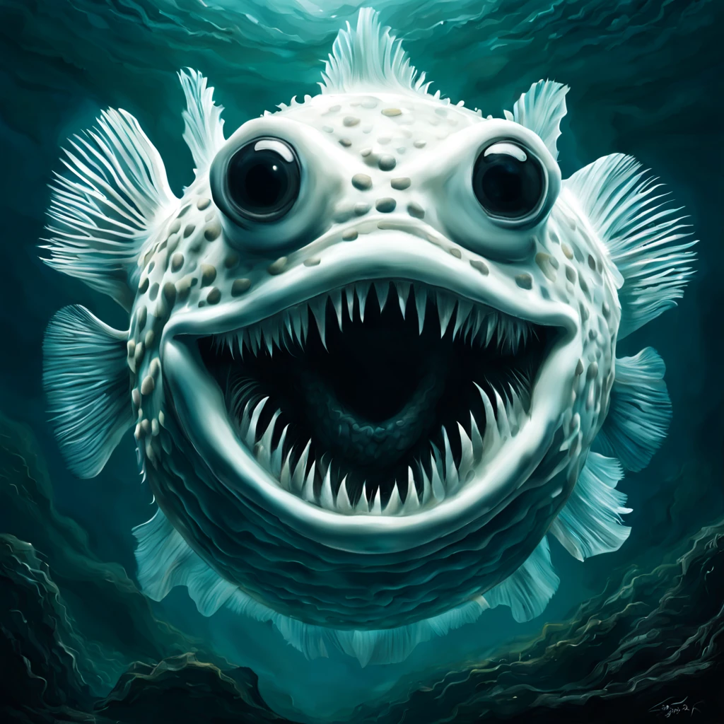 Giant ghost-white puffer fish with fangs and a evil look upon it's face eerie and ghost like, masterpiece, best quality, in thriller art style