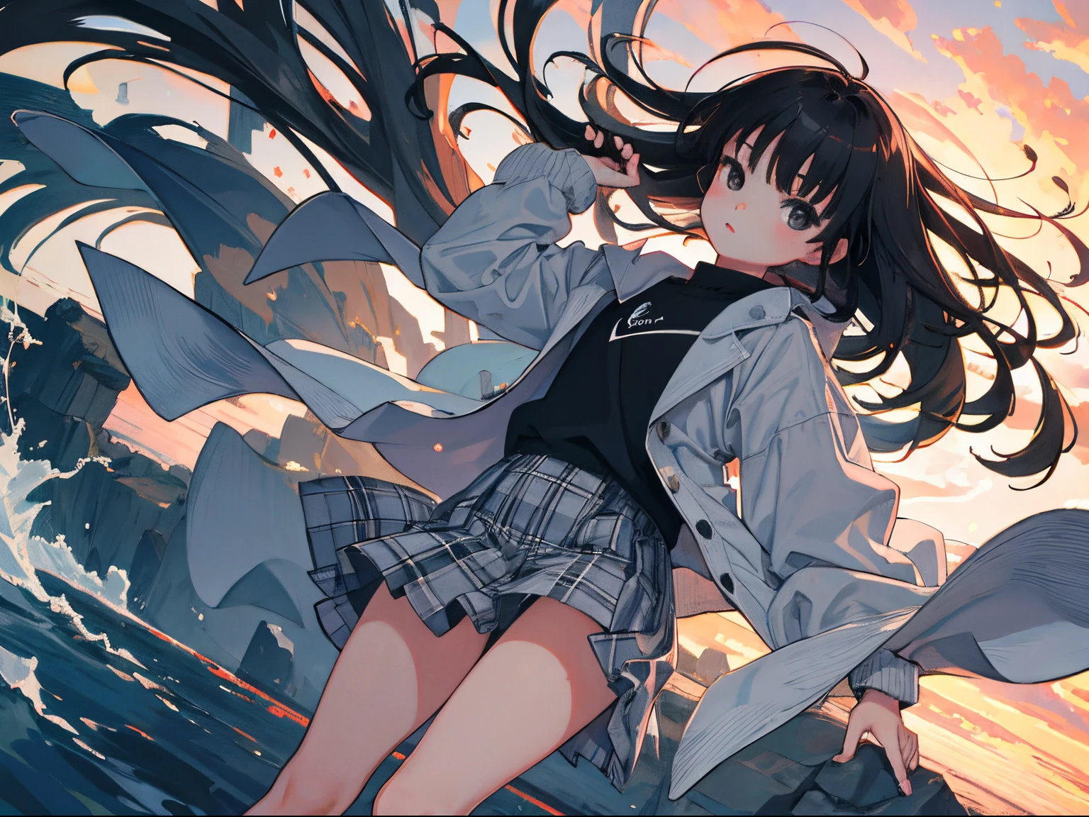 (child:1.2),(masterpiece,Highest Quality),Grey plaid skirt,A dark-haired,The wind is blowing