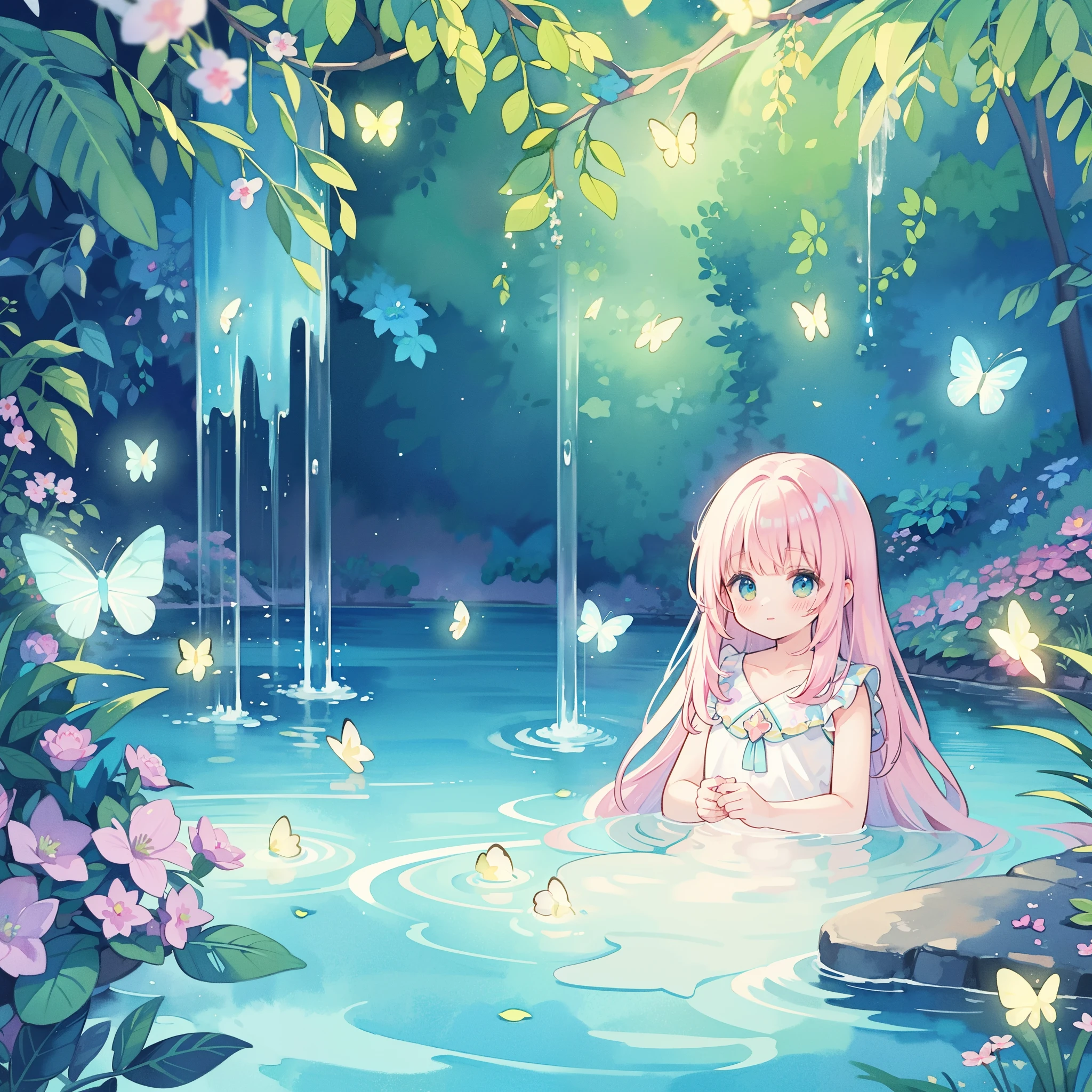 illustration, watercolor illustration, vibrant pastel colors, dreamy, colorful, whimsical, (((magical))), masterpiece, best quality, sharp focus, intricately detailed environment, fine detail, 8k resolution, waterfall lagoon, (magical lagoon), (waterfall, lake), (glowing lights, fireflies, glowing butterflies