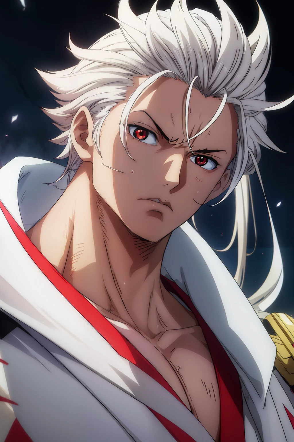 anime boy, teenager, looking me, pure white hair, serious, red eyes, samurai, white clothes, anime, topknot, messy hair, light brown skin, best shade, best quality, Volumetric, Beautiful Lighting, dynamic pose, 8k --v 4