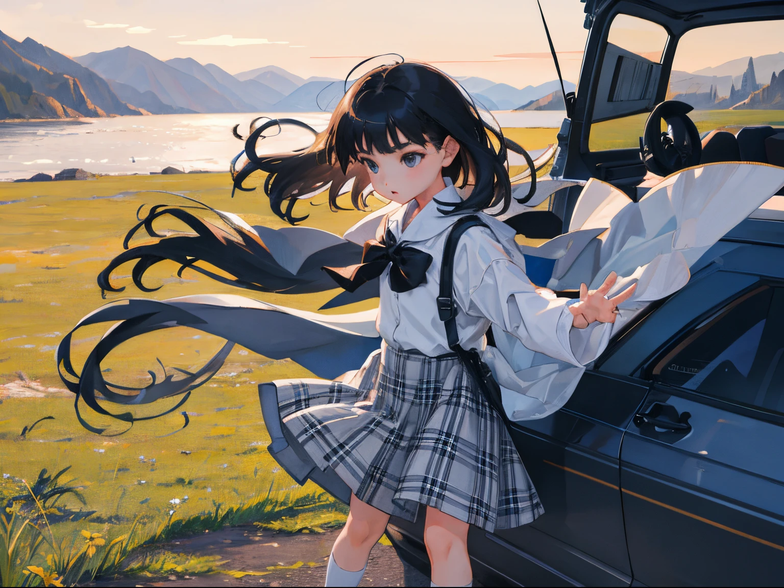 (child:1.2)，（​masterpiece，Highest Quality），Grey plaid skirt，A dark-haired，The wind is blowing