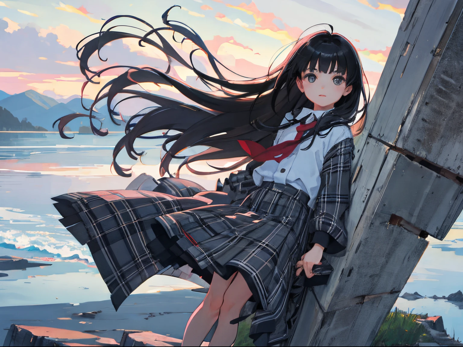 (child:1.2)，（​masterpiece，Highest Quality），Grey plaid skirt，A dark-haired，The wind is blowing