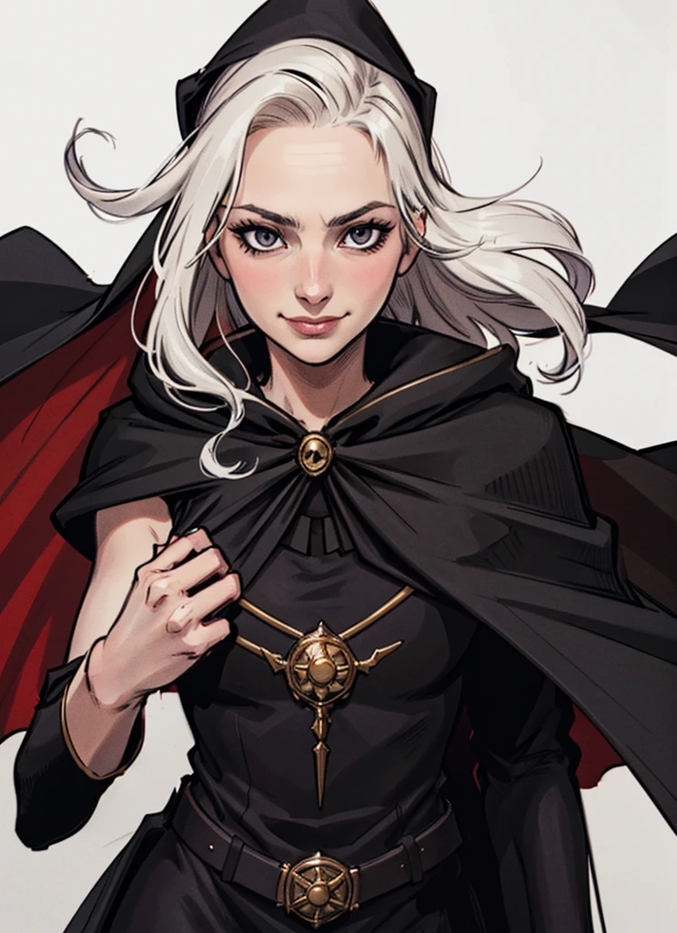 a close up of a girl wizard wearing a cape and a dress, with a long black cape, wearing black clothes and cape, plain white background, facing camera. Friendly face.