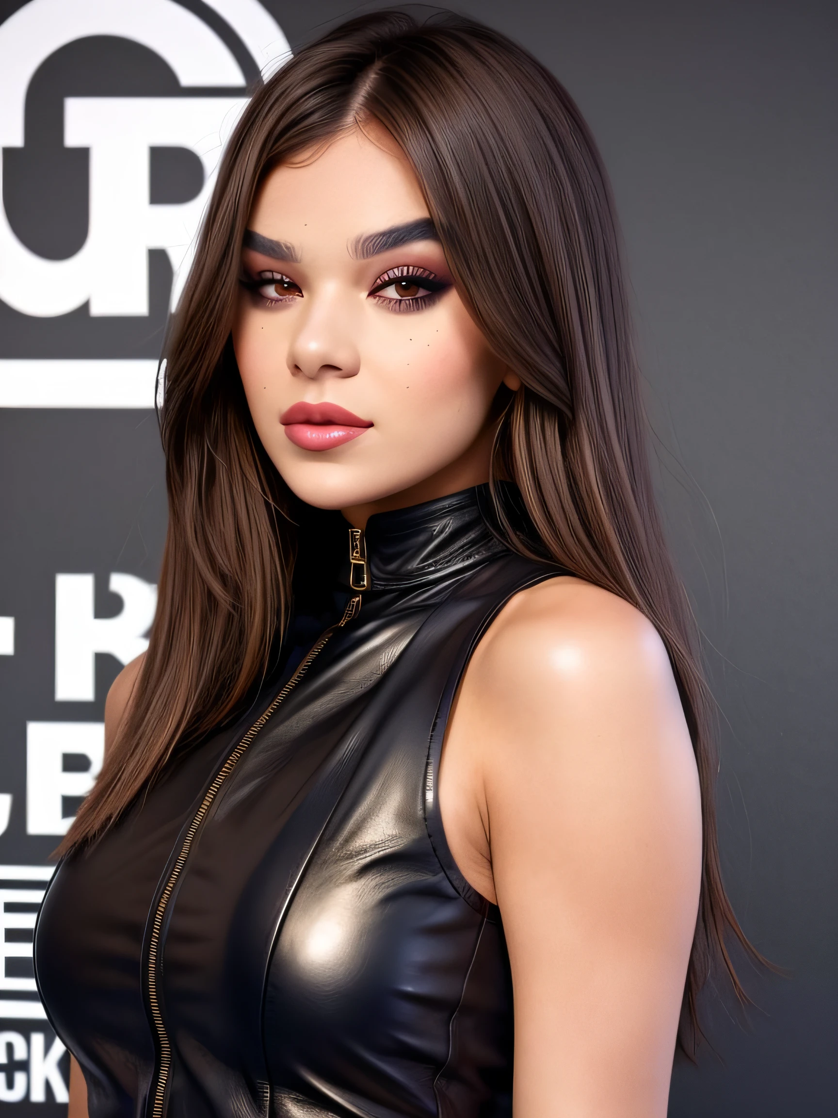 upper body shot of woman, gorgeous brown eyes, perfect make-up, leather top