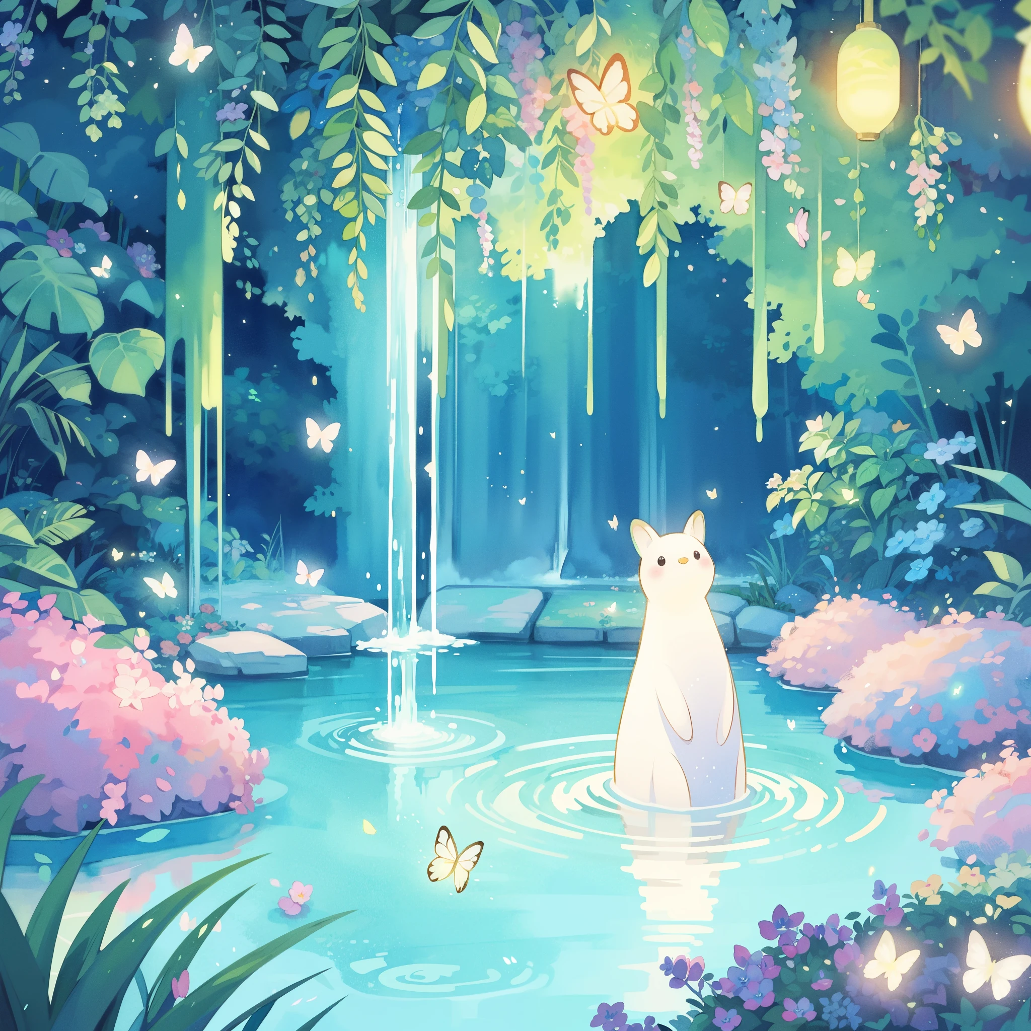 illustration, watercolor illustration, vibrant pastel colors, dreamy, colorful, whimsical, (((magical))), masterpiece, best quality, sharp focus, intricately detailed environment, fine detail, 8k resolution, waterfall lagoon, (magical lagoon), (waterfall, lake), (glowing lights, fireflies, glowing butterflies