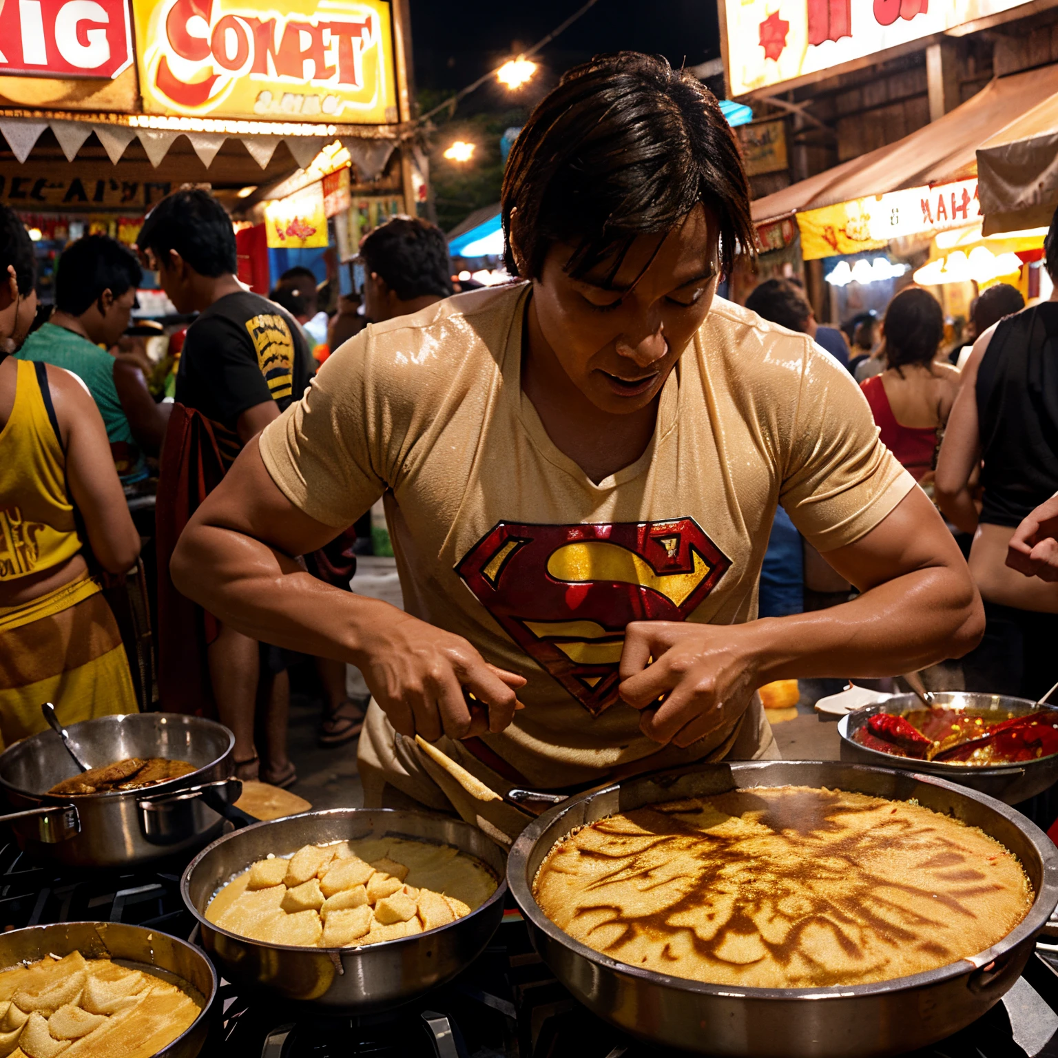 caricature of superman cooking roti canai at the night market while sweating, atmosphere of the night market, a picture full of real clarity, comic form, comic style, cheerful colors