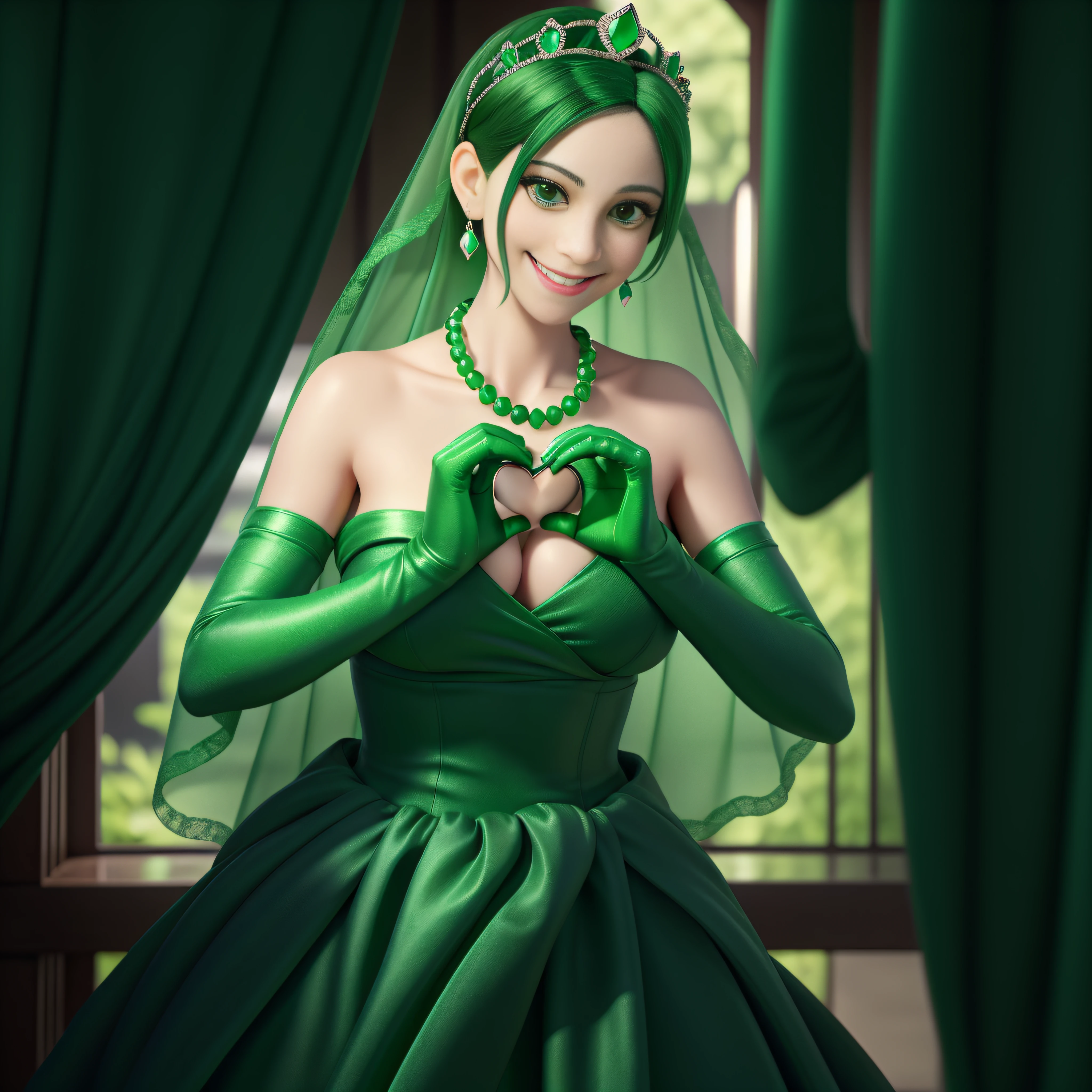 emerald tiara, Green Pearl Necklace, Boyish very short green hair, lipsticks, Japan woman smiling, very short short hair, big breasts beautiful, Green eyes, Long green gloves made of satin material, Green eyes, Emerald Earrings, green vale, Heart with both hands