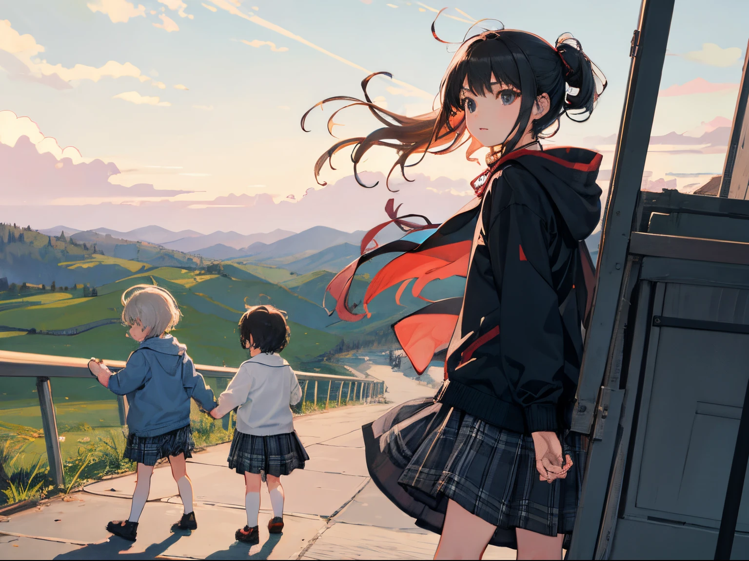 (child:1.2),(masterpiece,Highest Quality),Grey plaid skirt,A dark-haired,The wind is blowing