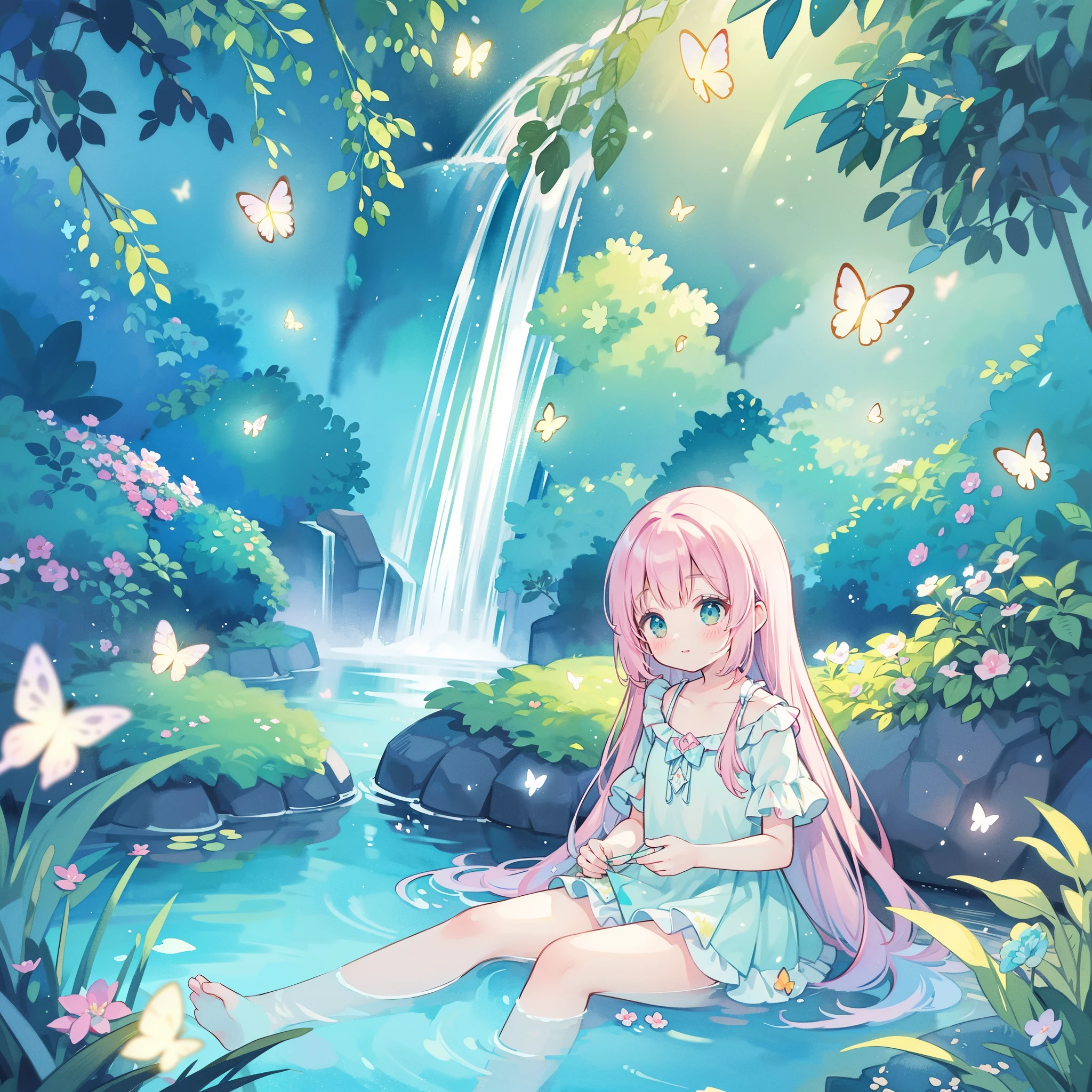 illustration, watercolor illustration, vibrant pastel colors, dreamy, colorful, whimsical, (((magical))), masterpiece, best quality, sharp focus, intricately detailed environment, fine detail, 8k resolution, waterfall lagoon, (magical lagoon), (waterfall, lake), (glowing lights, fireflies, glowing butterflies