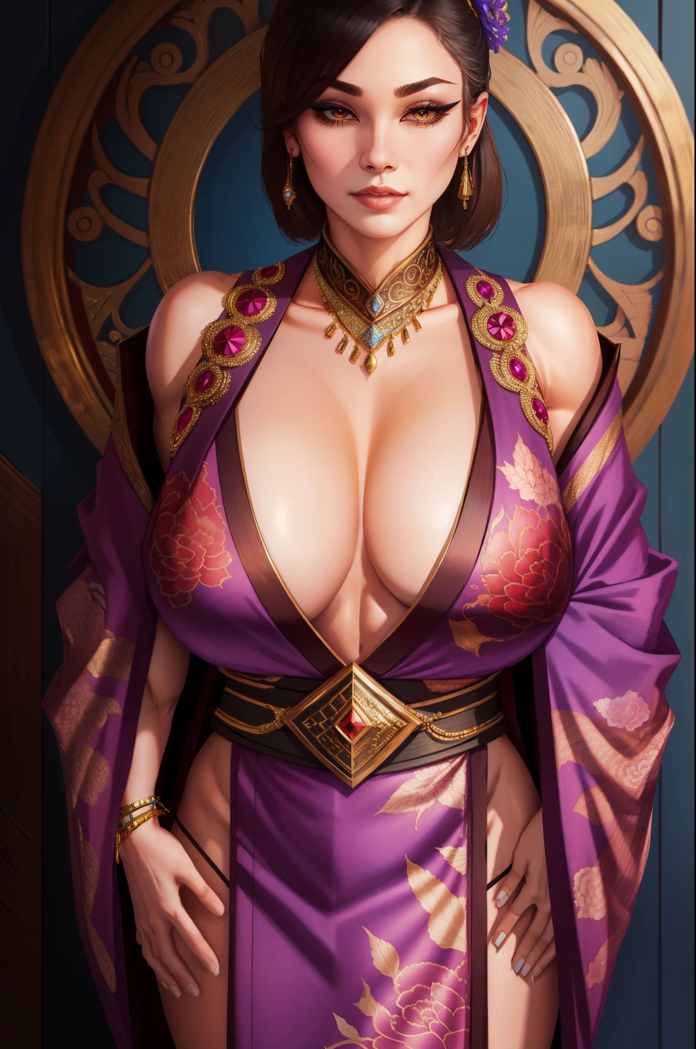 1girl, ((muscular body:1)), intricate, kimono, (eyeliner:1.2), looking at viewer,jewelry, detailed background,huge breasts (masterpiece, high quality:1),