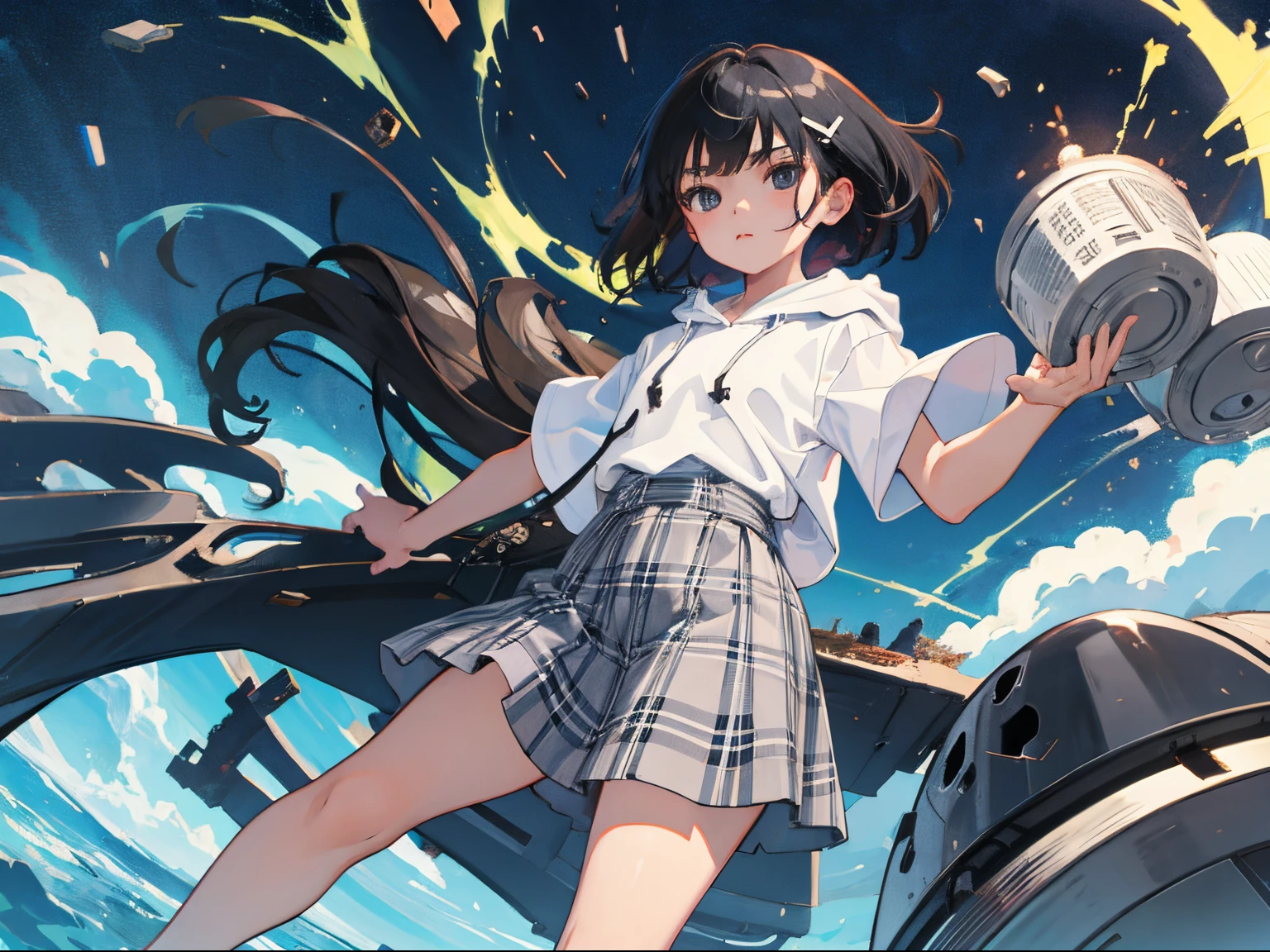 (:1.2),(masterpiece,Highest Quality),Short sleeve hoodie,Grey plaid skirt,A dark-haired,The wind is blowing