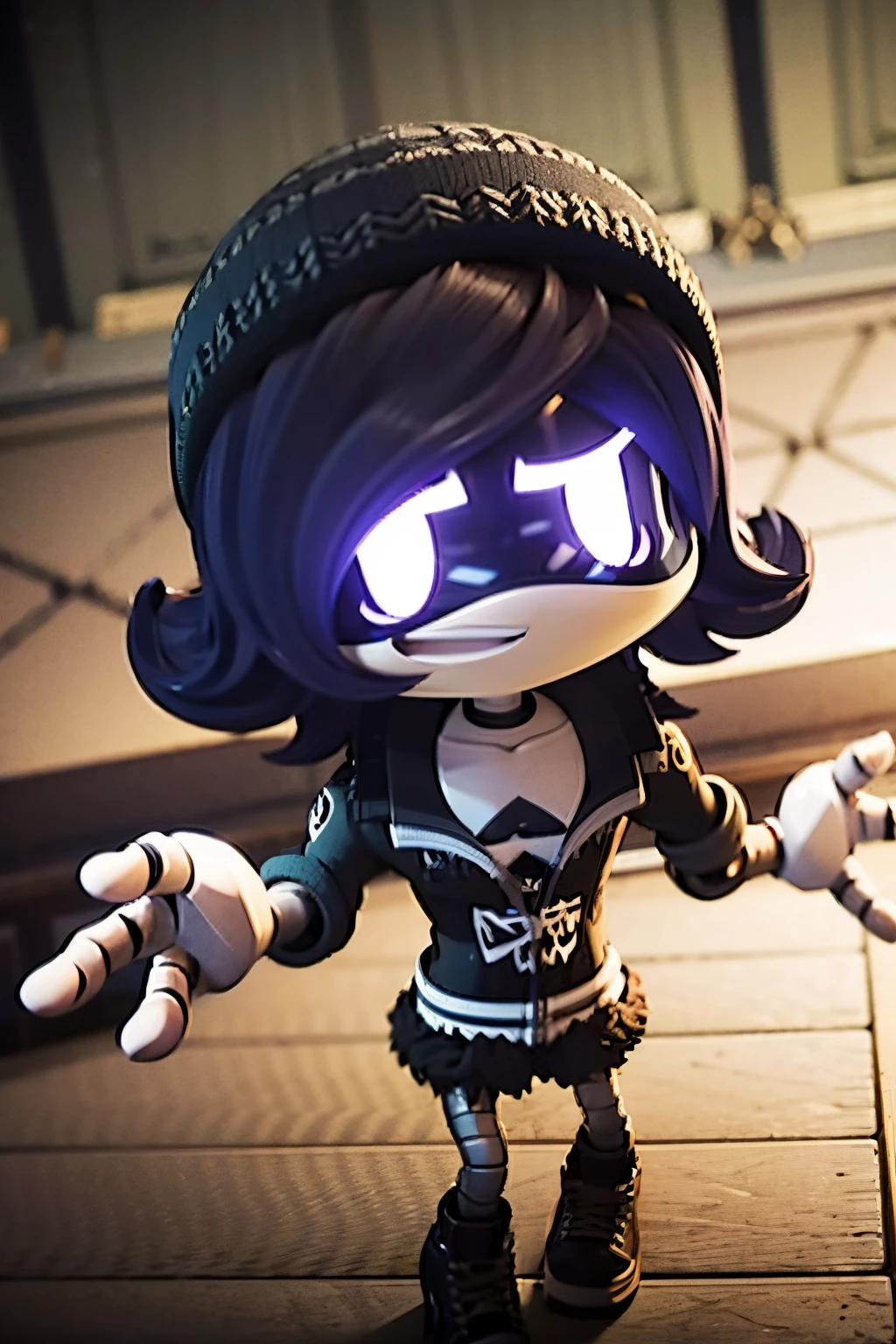 Uzi, happy expression, open arms