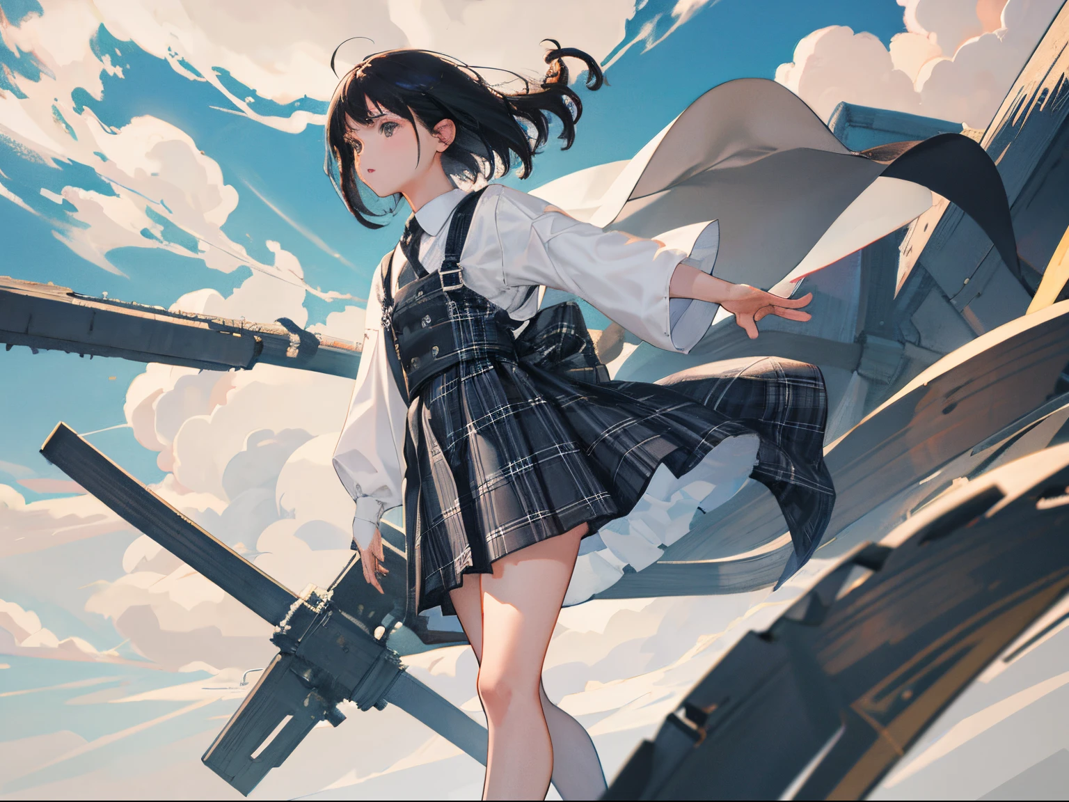 child,(masterpiece,Highest Quality),(A dark-haired:1.2),Twin-tailed,Grey plaid skirt,The wind is blowing