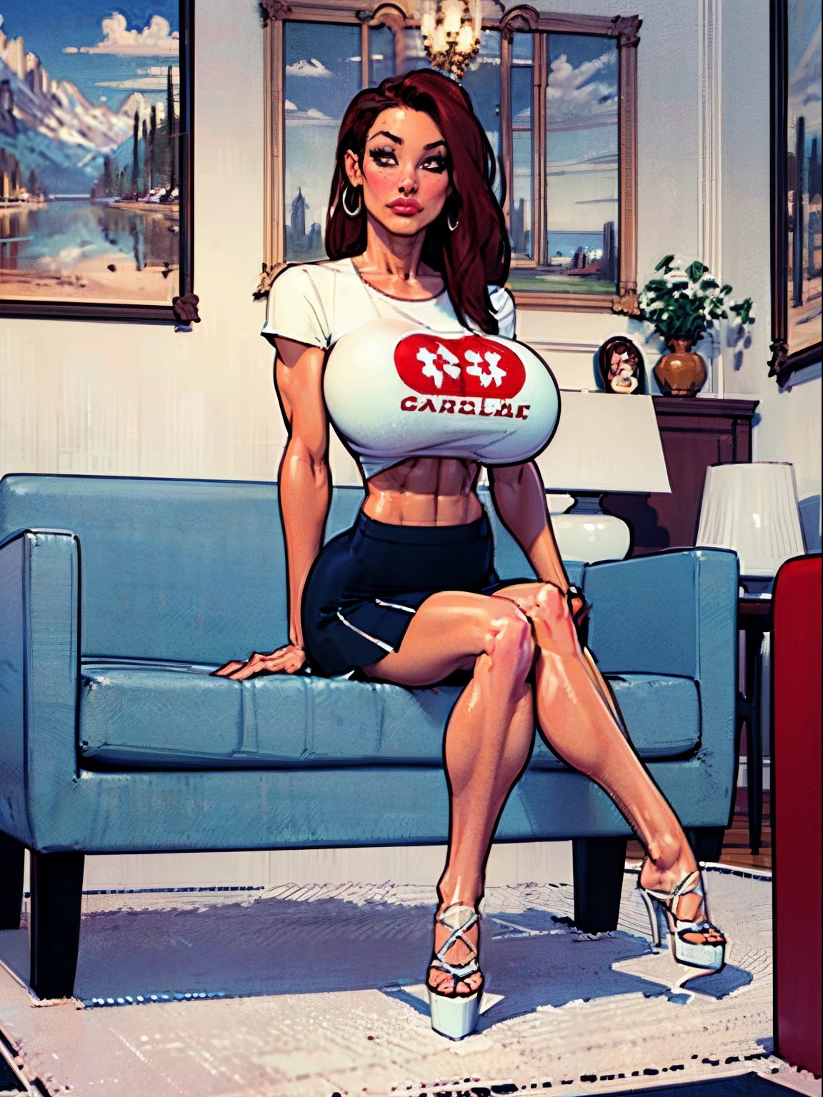 ((Best quality, 8k, Masterpiece :1.3)), pretty woman, 1girl, gigantic breasts :1.3, (firm abs, slender figure :1.1), lustful, dark red hair, (sitting on couch, crossed legs, skirt :1.1), ultra-detailed face, detailed lips, detailed eyes, double eyelid, masterpiece, 8k, midriff exposed, blue skirt, white top