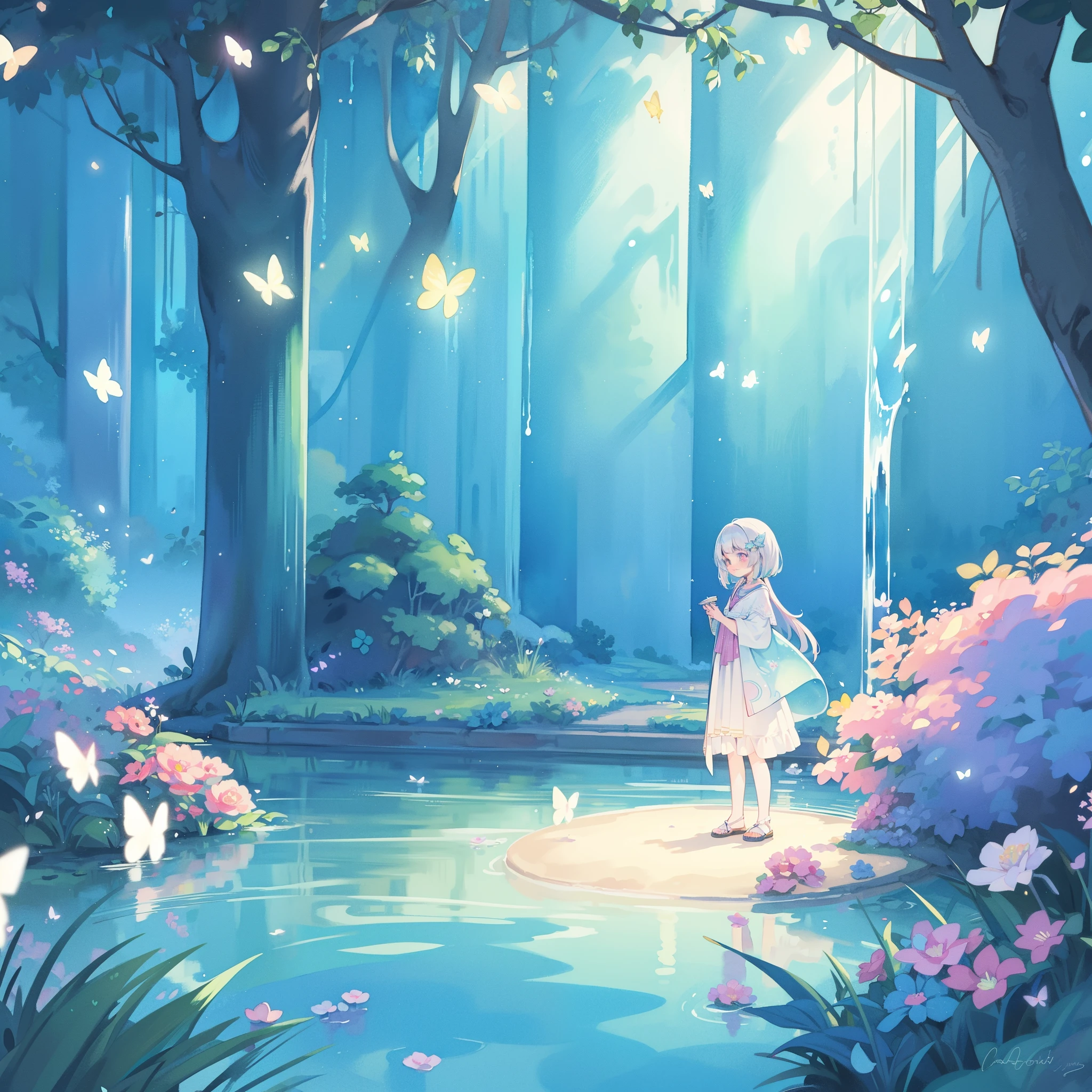 illustration, watercolor illustration, vibrant pastel colors, dreamy, colorful, whimsical, (((magical))), masterpiece, best quality, sharp focus, intricately detailed environment, fine detail, 8k resolution, waterfall lagoon, (magical lagoon), (waterfall, lake), (glowing lights, fireflies, glowing butterflies