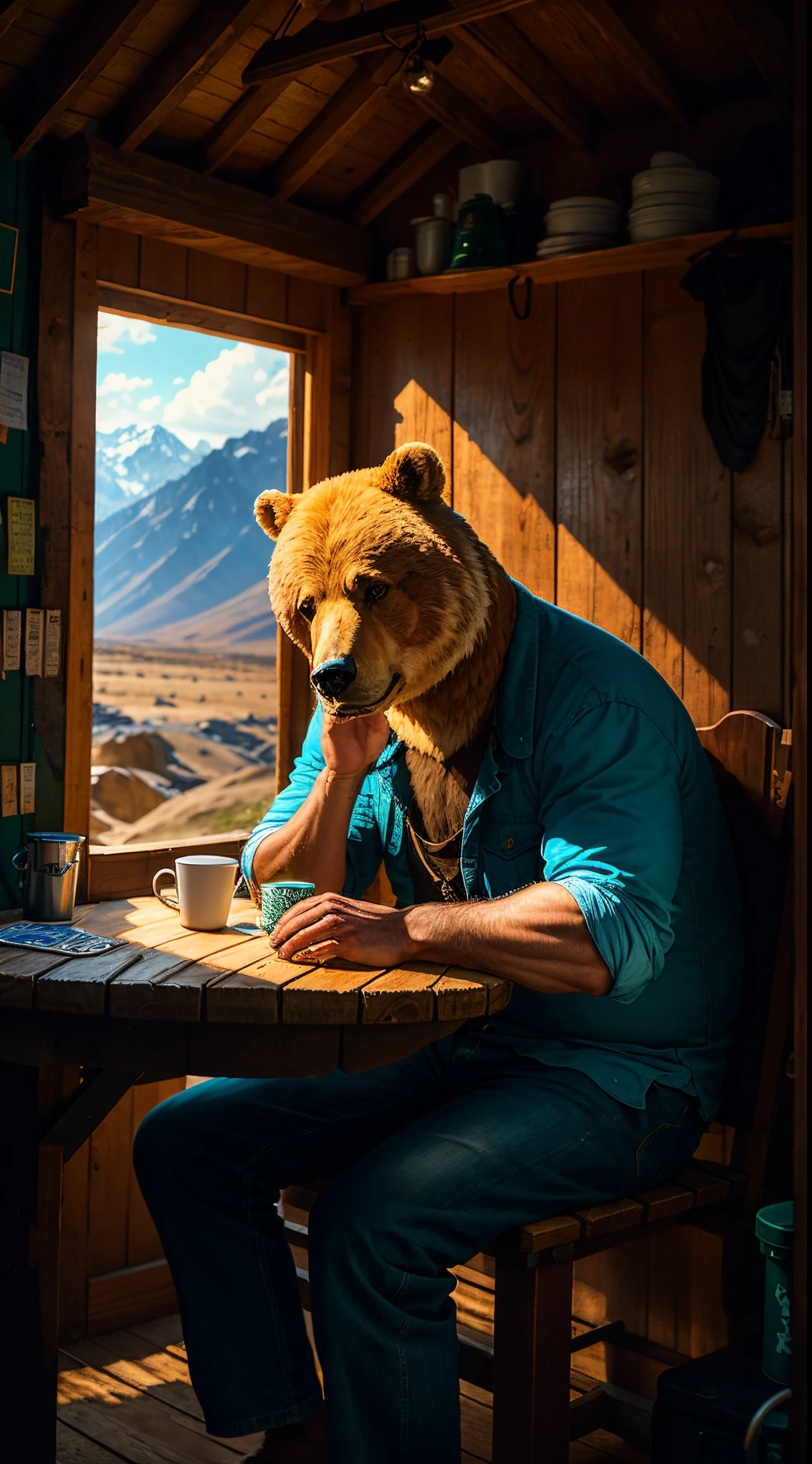 Man and a bear, sitting on a bench at the table playing poker. The man is desolately waiting in his shack for his family to visit.