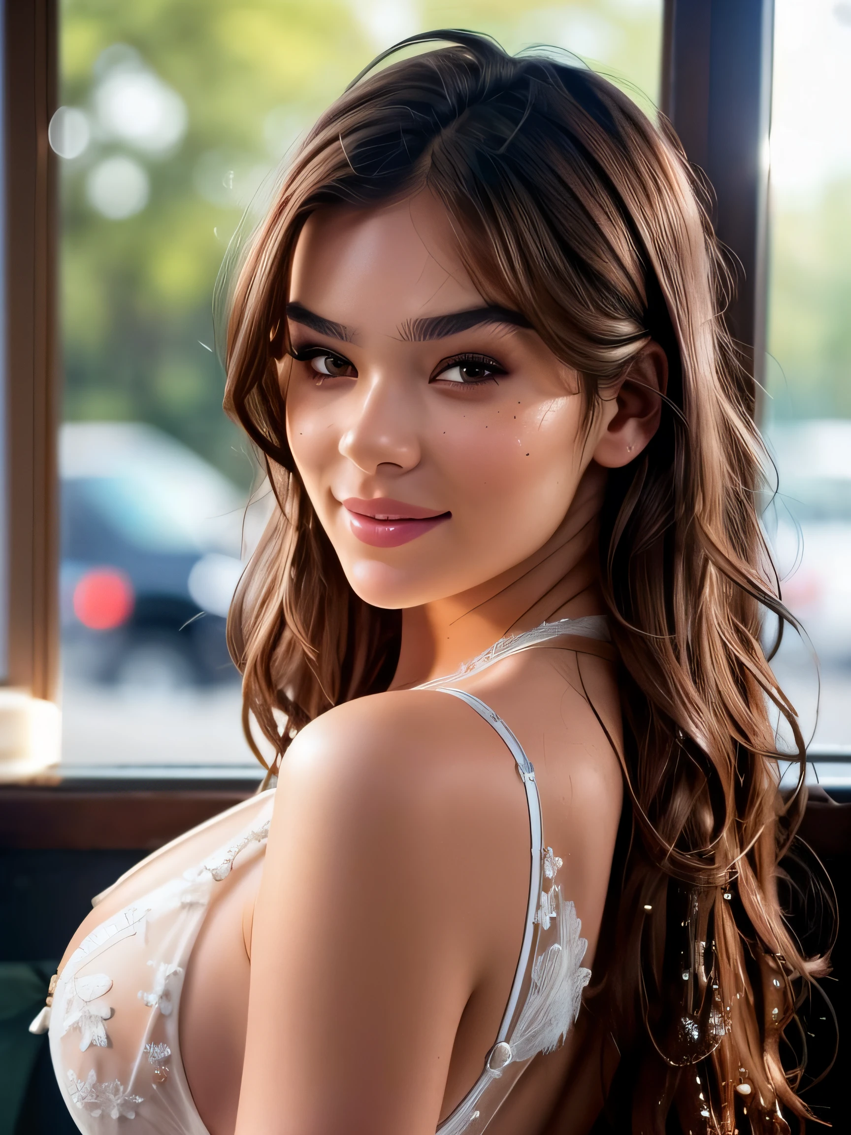 gorgeous woman with brown hair, Overflow, Uncensored,Exposed Shoulders, Angel Face, Detailed Face, Backlit, Facial Light, (Smile and Drowsiness and Ecstasy Expression:1.2)(Perfect Female Figure)(Sharp Focus),(Realistic Moisture Skin),Detail Eyes, (wavy Hair:1.2), Black Eyes, Best Quality, Ultra High Resolution, (Photorealistic), (Wet Skin), (Camera Focus on Face), (front View), Hetero,
