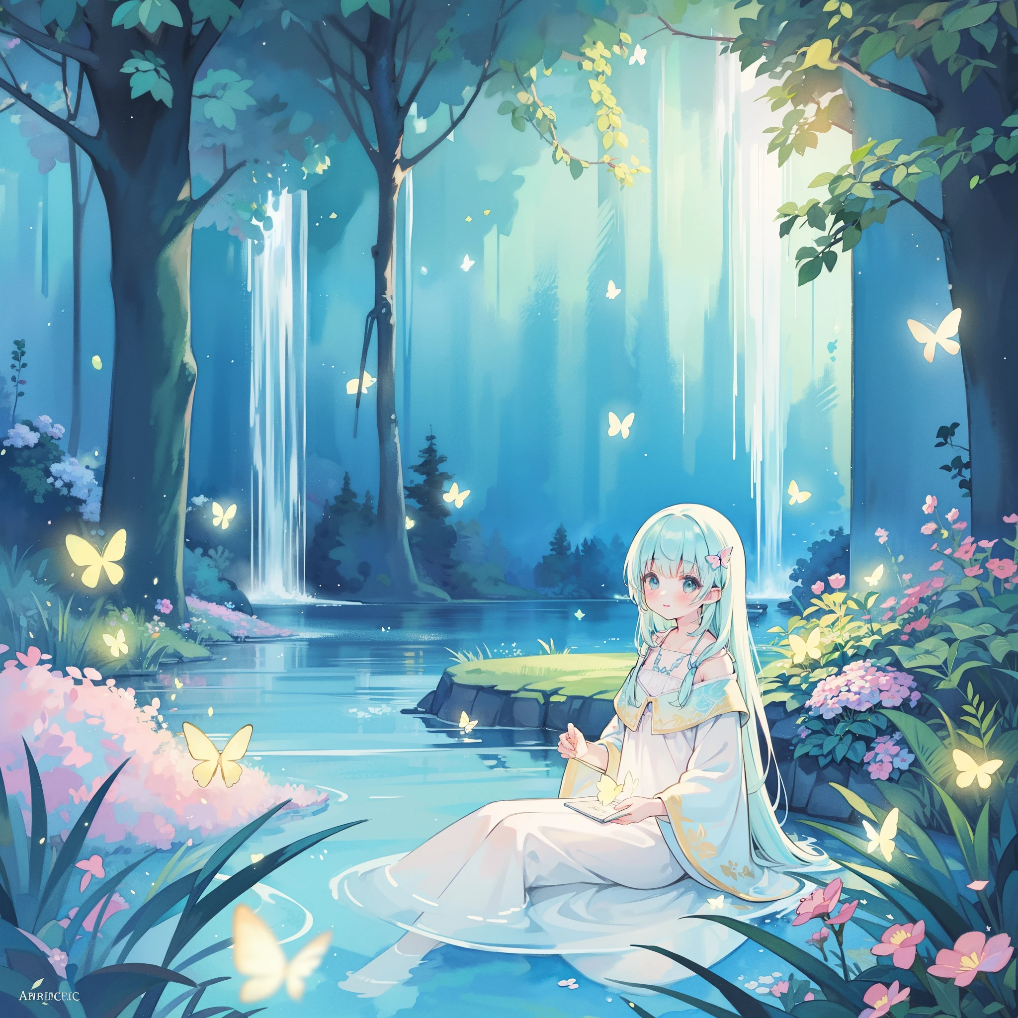 illustration, watercolor illustration, vibrant pastel colors, dreamy, colorful, whimsical, (((magical))), masterpiece, best quality, sharp focus, intricately detailed environment, fine detail, 8k resolution, waterfall lagoon, (magical lagoon), (waterfall, lake), (glowing lights, fireflies, glowing butterflies