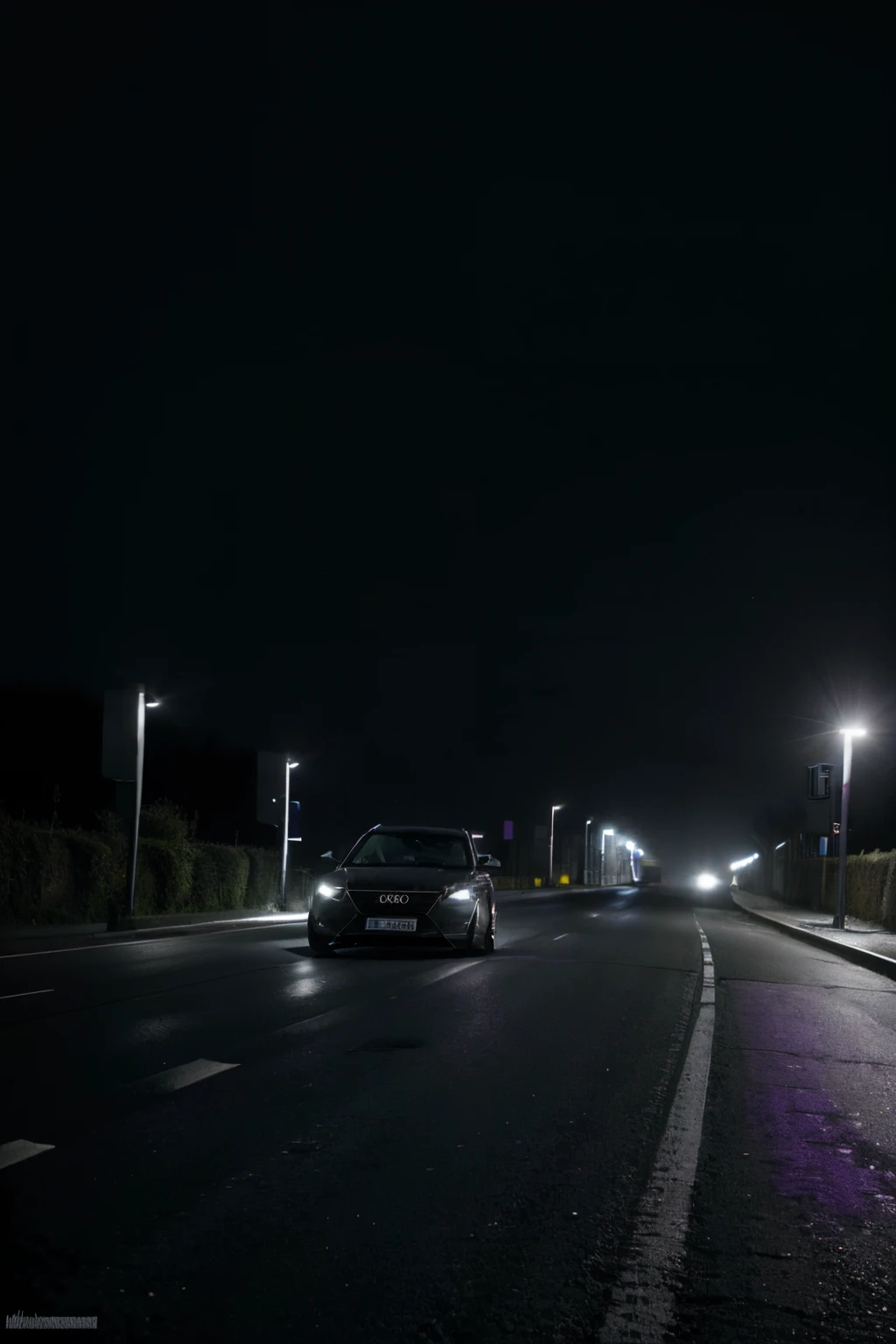 Black and white animation, Audi A5 schneidet durch Nebel, Deserted road, Scheinwerfer durchdringen das Monochrom, Navigating rough roads, strenge Umgebung, Rauchschwaden, Drama, Geheimnis, utopisch, Himmel buchstabiert GJOKY, Zoo, Ansicht von der Seite, violette Himmelsnachtsterne, nacht, dunkel, Gloomy atmosphere, violett