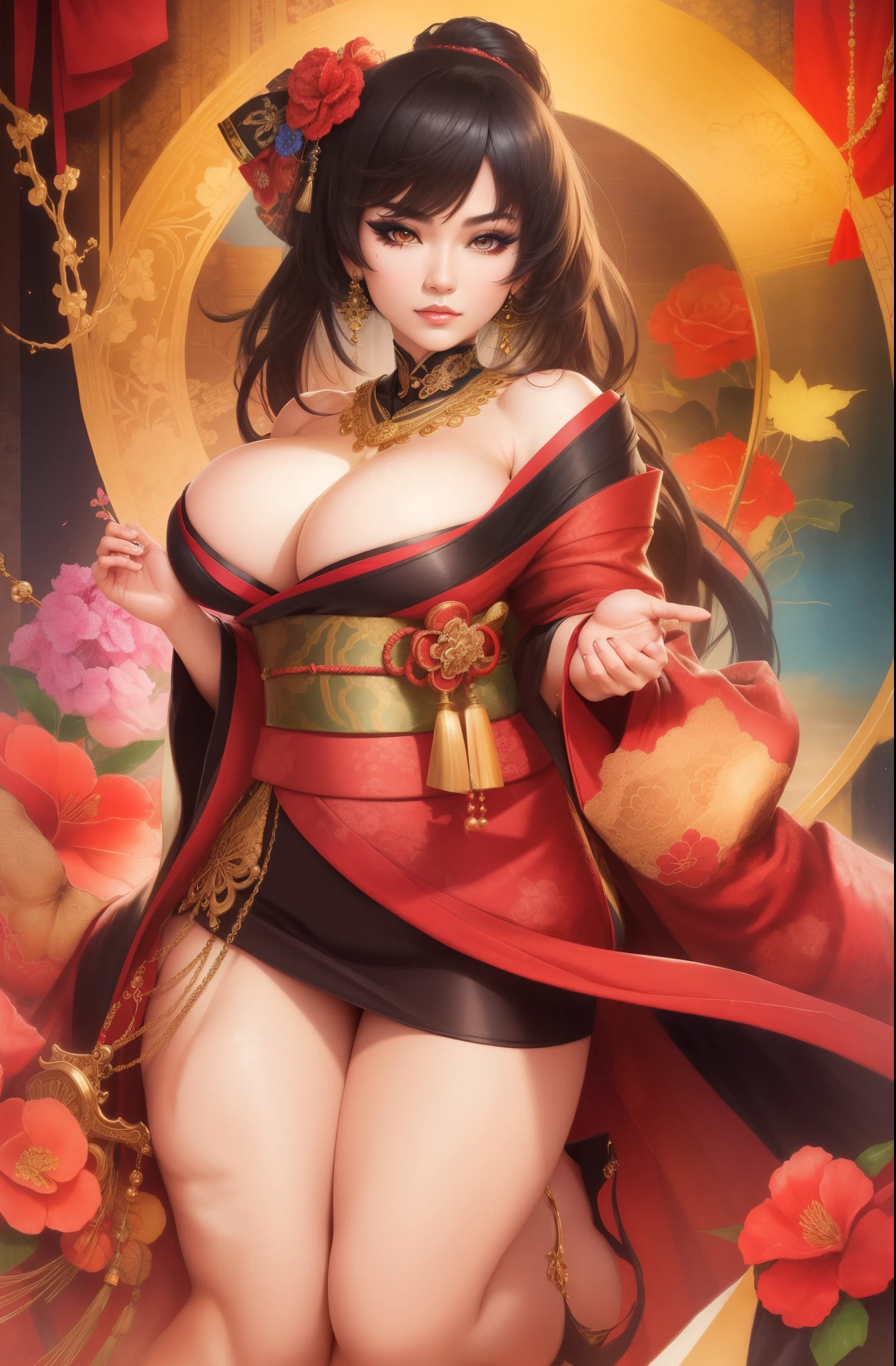 1girl, ((muscular body:1)), intricate, kimono, (eyeliner:1.2), looking at viewer,jewelry, detailed background,huge breasts (masterpiece, high quality:1),